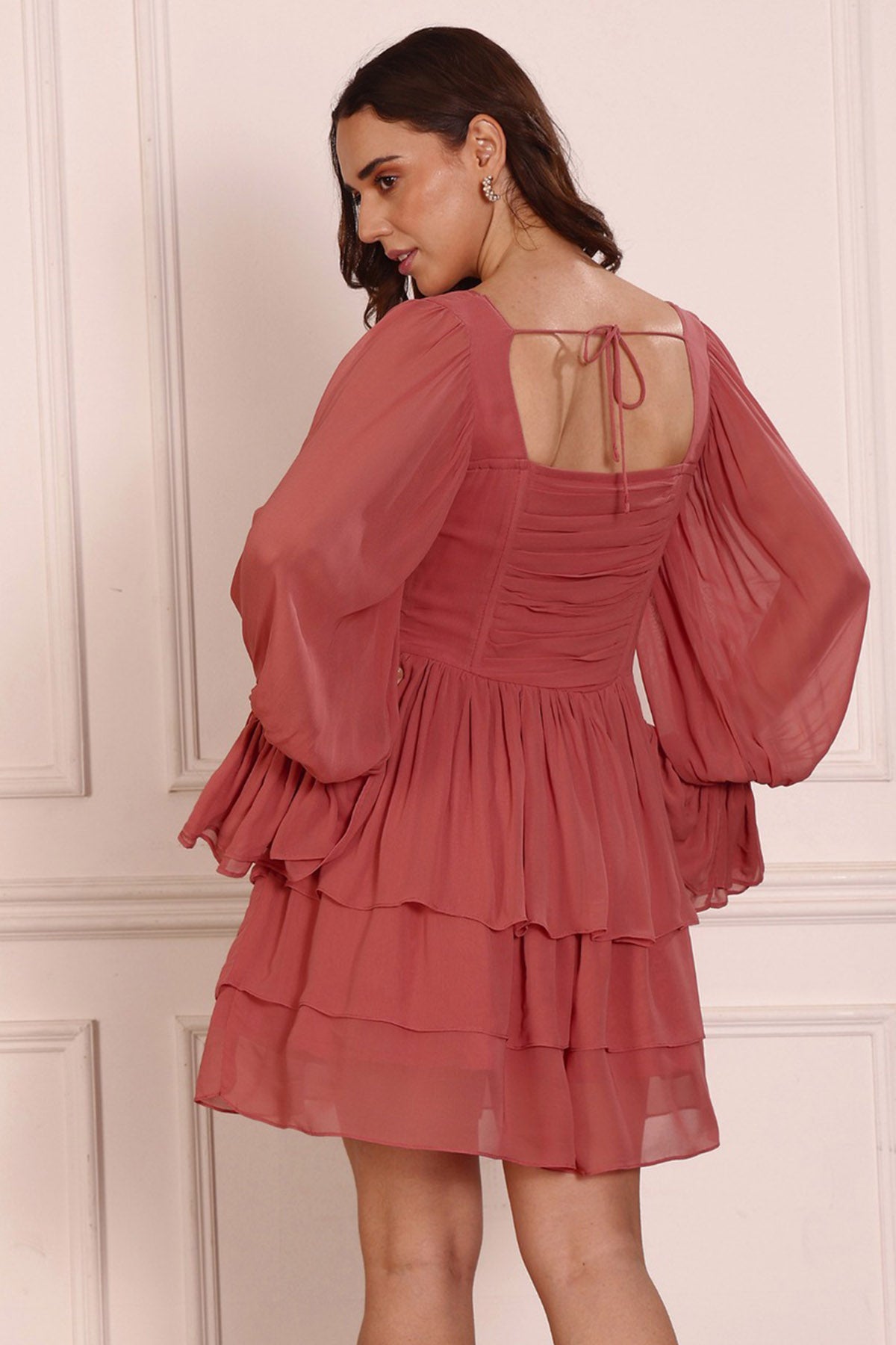 Coral Pink Gathered Mini Dress