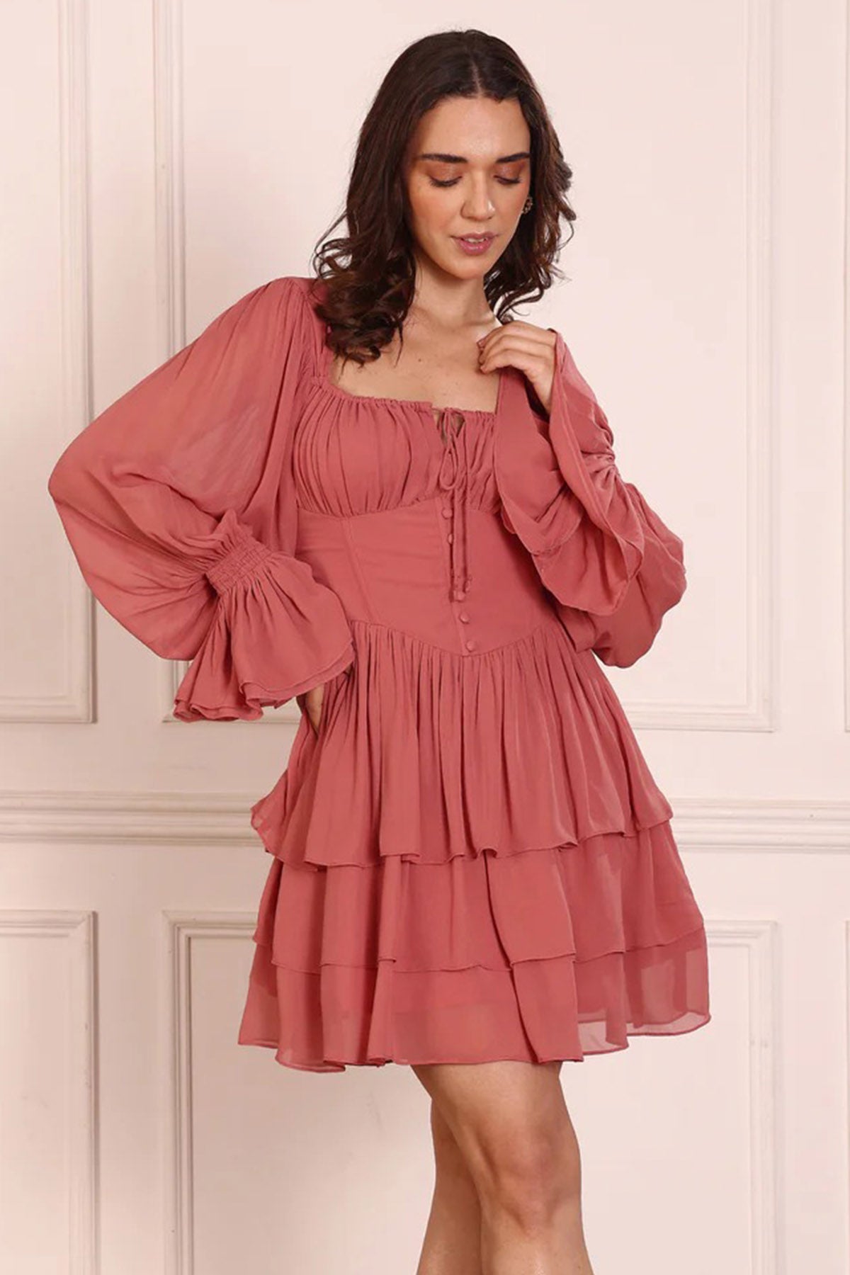 Buy Coral Pink Gathered Mini Dress for women by Seoraa online available at scrollnshops