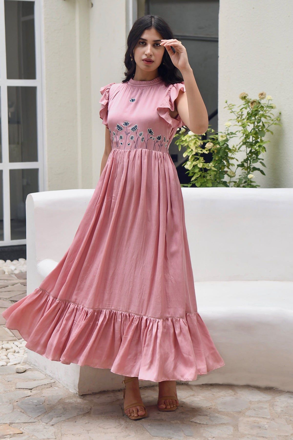 Buy Coral Pink Tiered Maxi Dress by Taro India for Women online at ScrollnShops