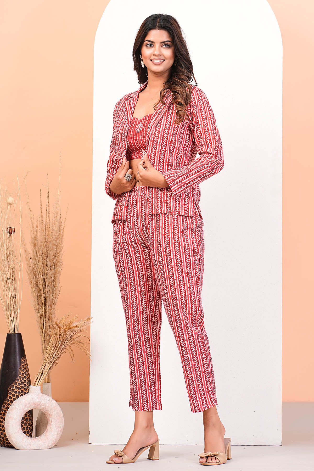 Coral Red Printed Jacket Set