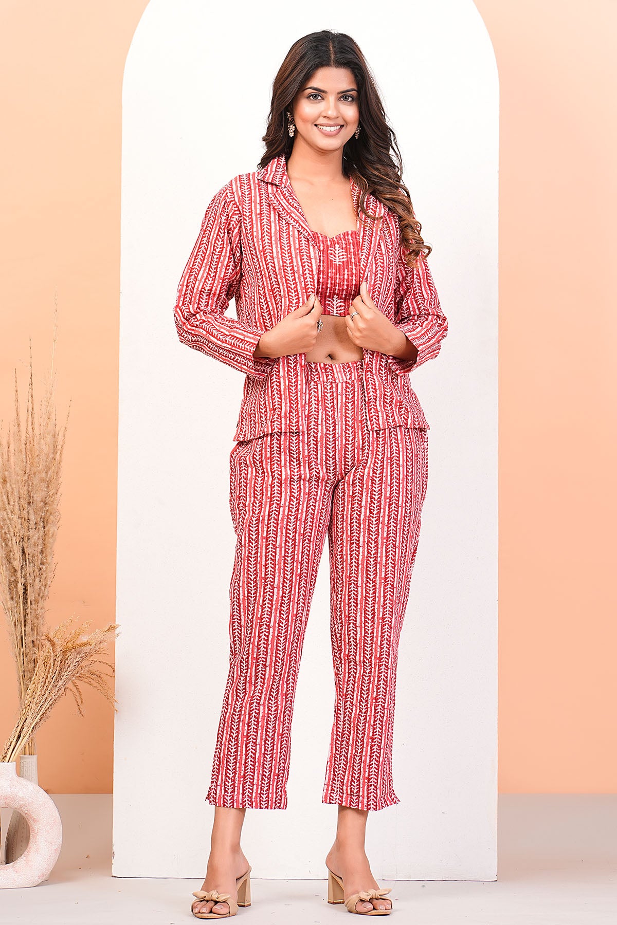 Coral Red Printed Jacket Set