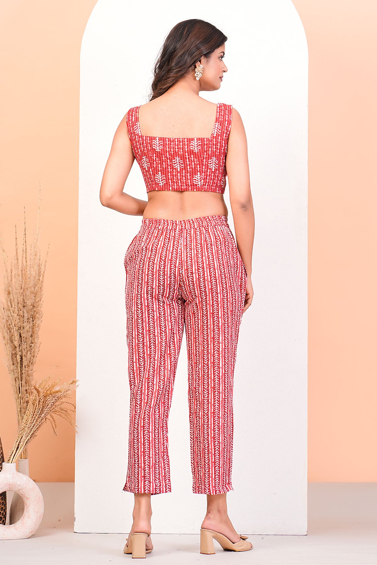 Coral Red Printed Jacket Set