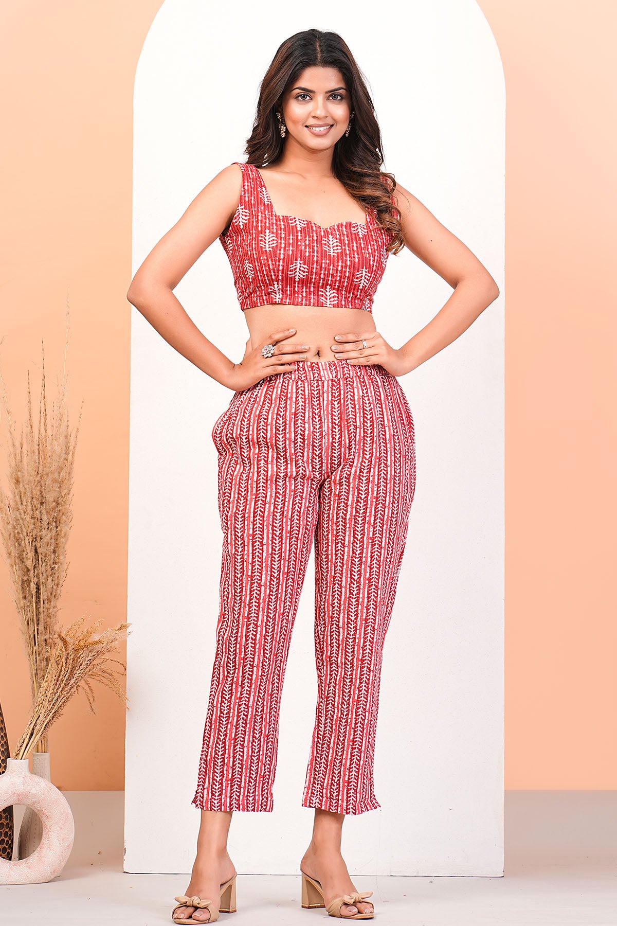 Coral Red Printed Jacket Set