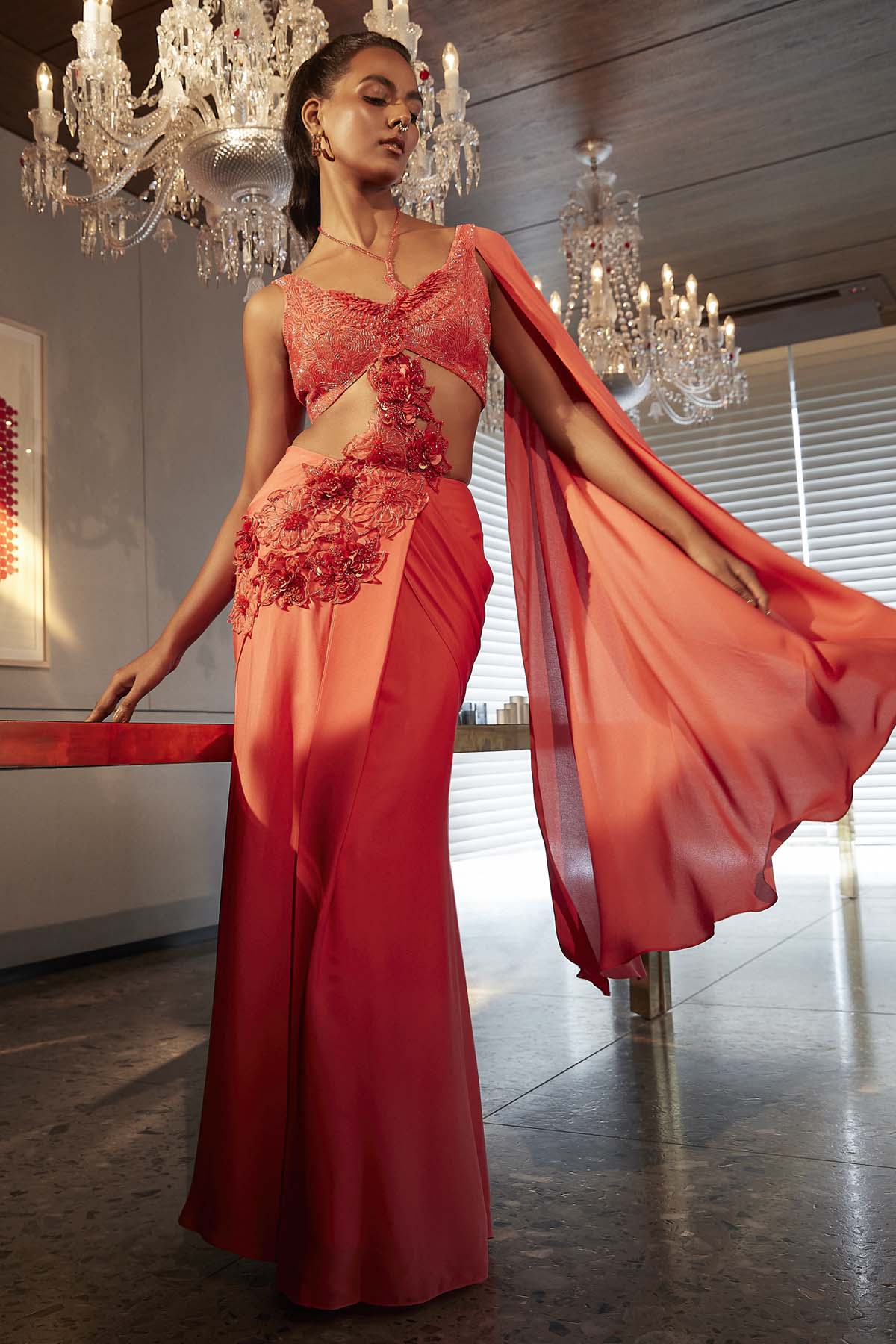 Babita Malkani Coral Sculpted Pre-Draped Saree for women online at ScrollnShops