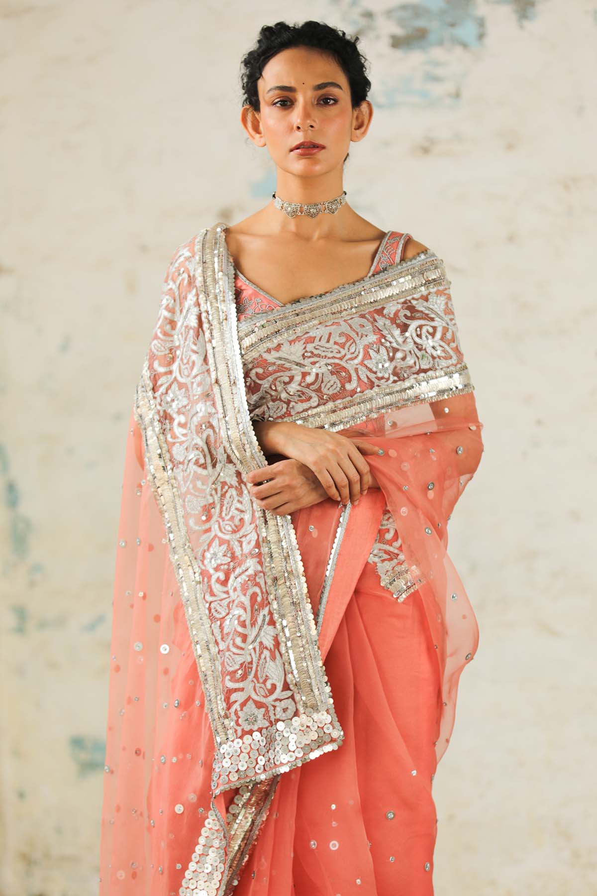 Coral Zardosi Saree & Blouse