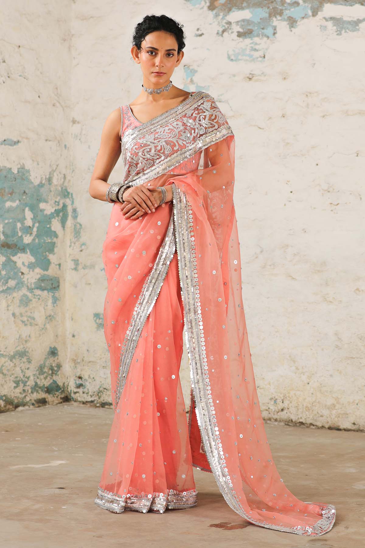 Saksham Neharicka Coral Zardosi Saree & Blouse for women online at ScrollnShops