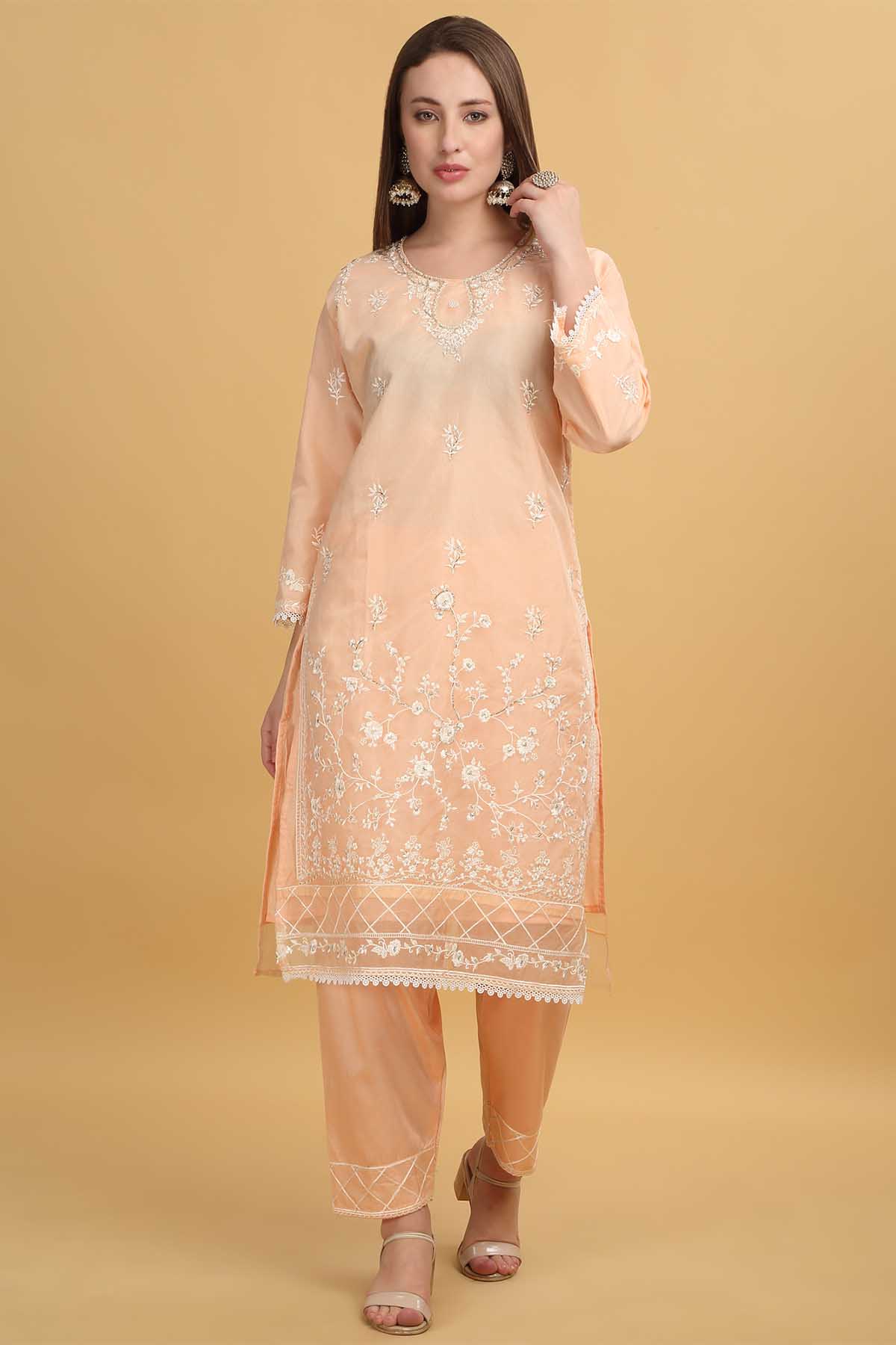 Coral Zari Embroidered Kurta Set