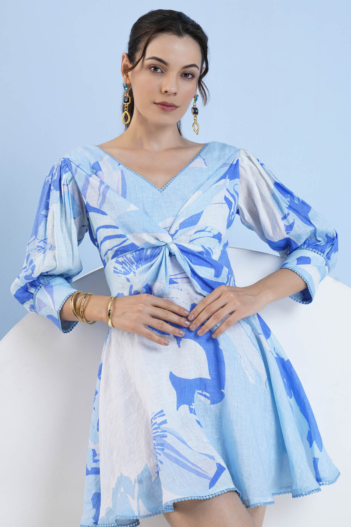 Cotton Linen Print Short Dress