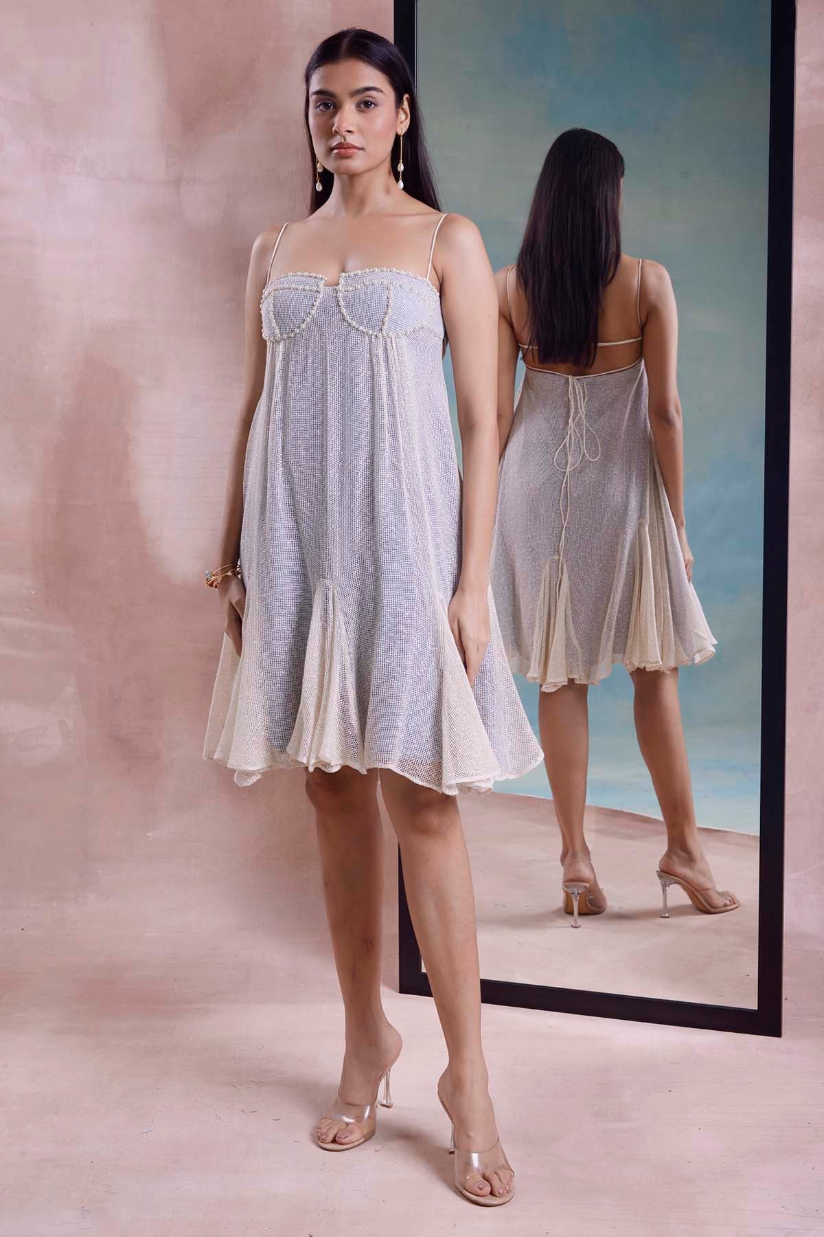 Cotton Mesh Godet Tie Up Dress