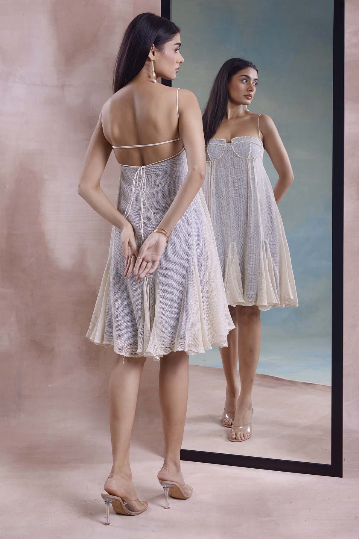 Cotton Mesh Godet Tie Up Dress