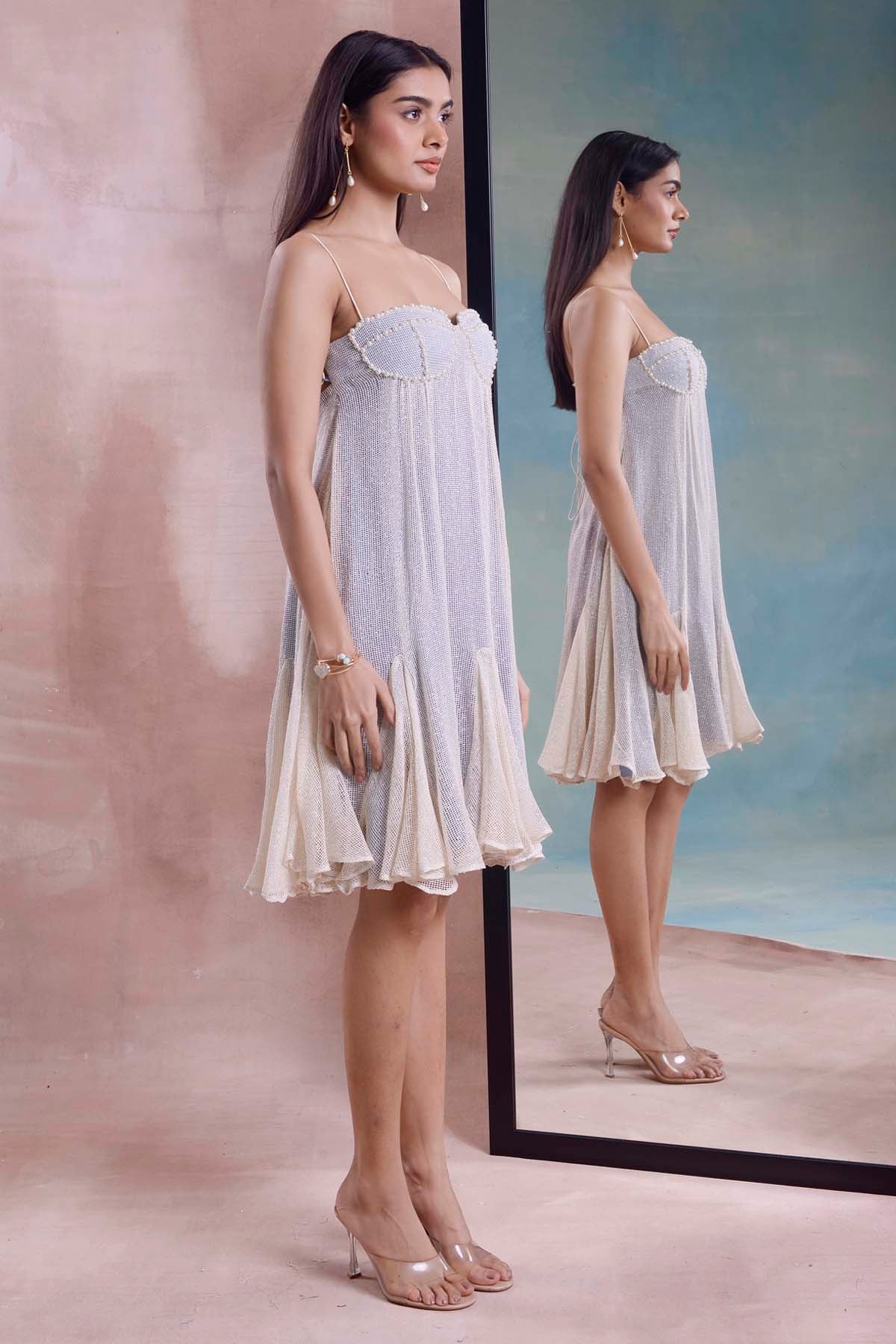 Cotton Mesh Godet Tie Up Dress