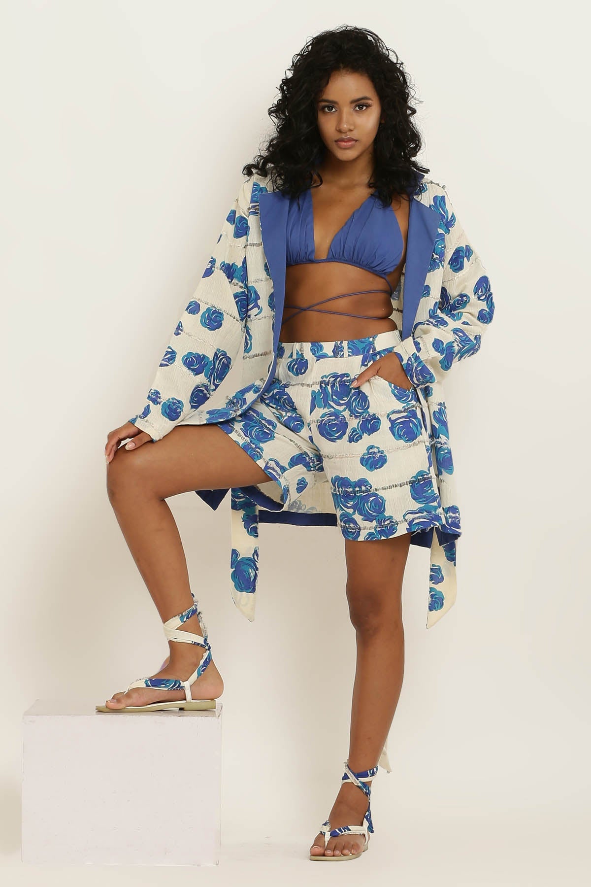Designer Kusmi Captivate in Comfort: Blue Handwoven Floral Jacket For Women at ScrollnShops