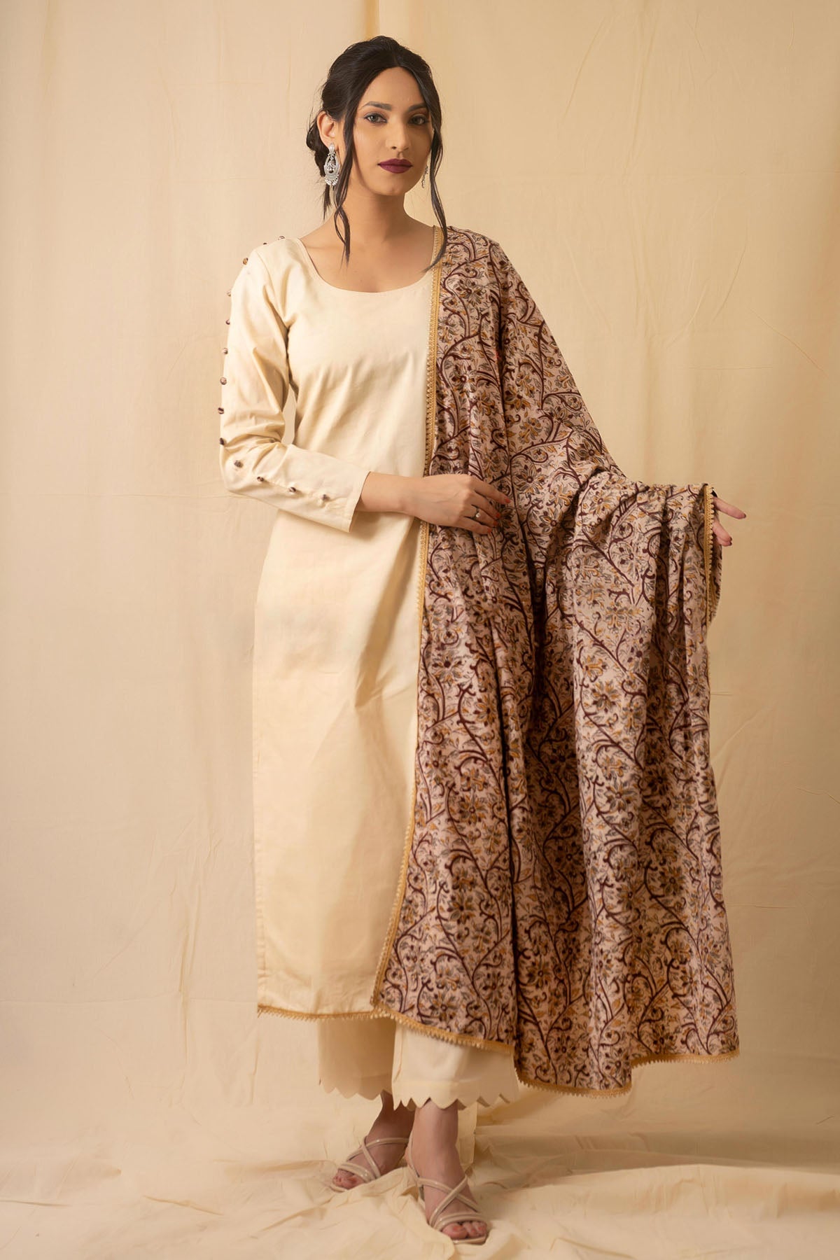 Charu Bhaskar Cotton Cambric Beige Kurta Set for women online at ScrollnShops