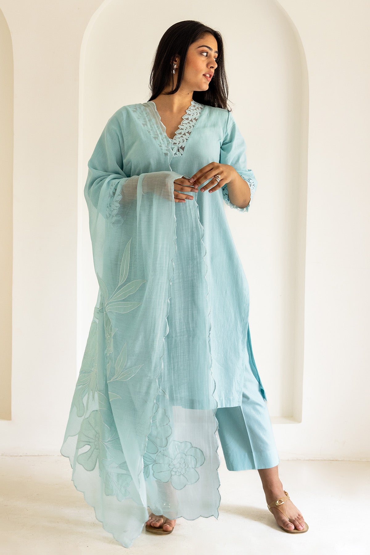 Buy Cotton Chanderi Blue Kurta Set for women by The Hemming Bird online available at scrollnshops