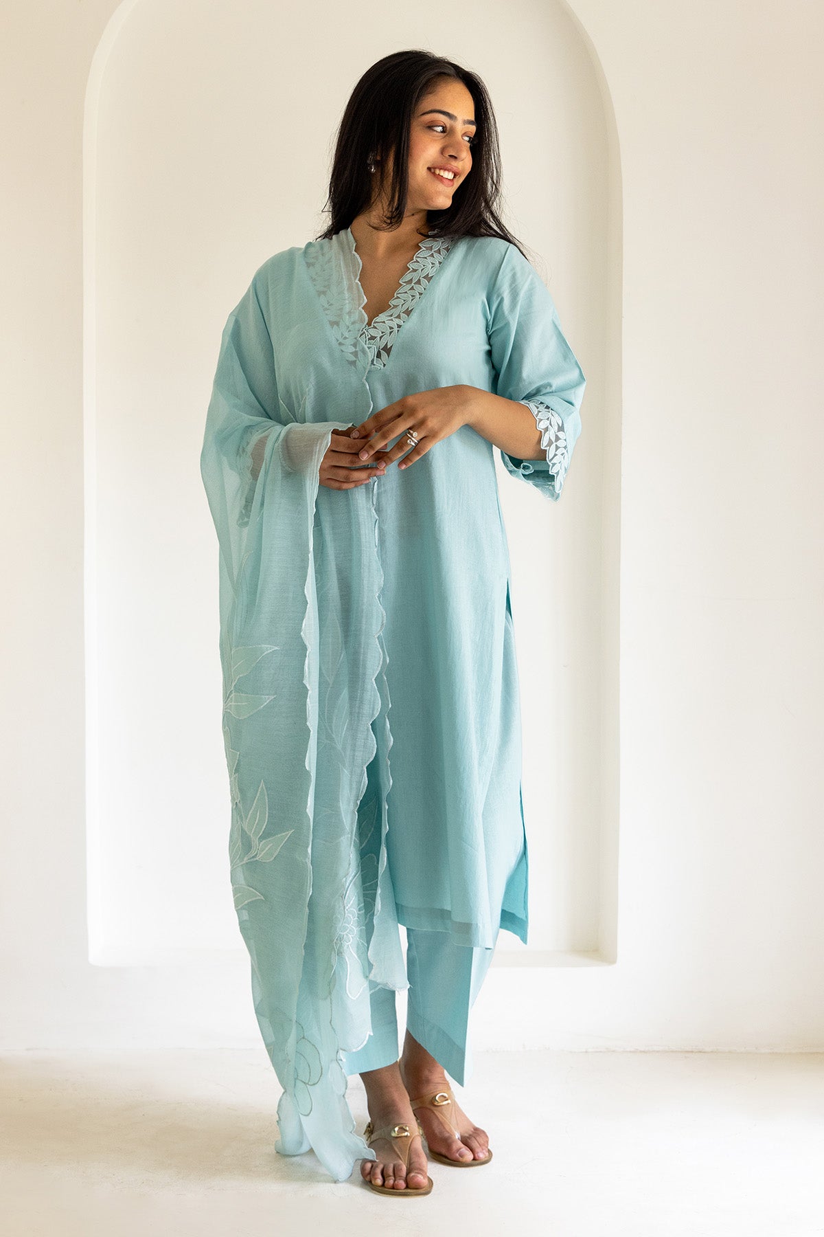 Cotton Chanderi Blue Kurta Set