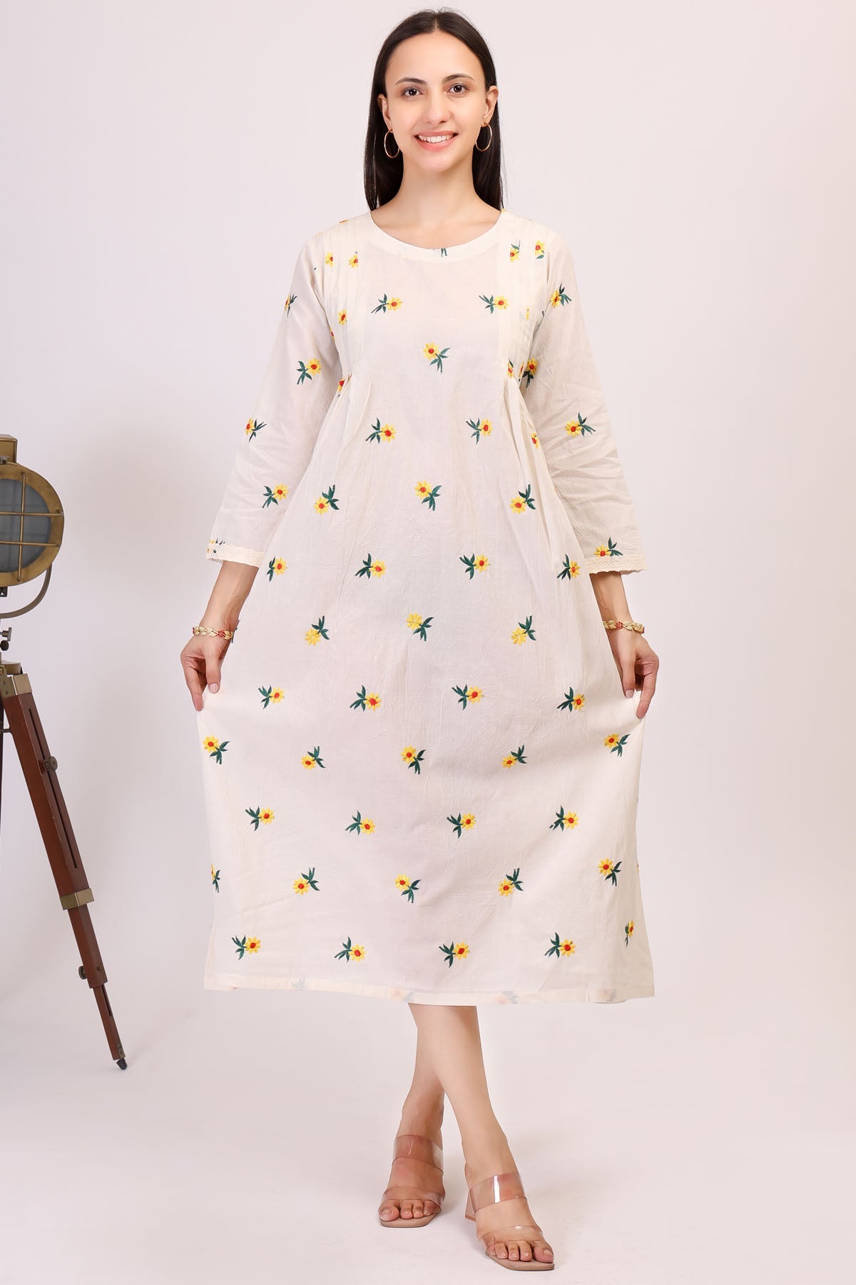 Simply Kitsch Cotton Embroidered White Dress for women online at ScrollnShops