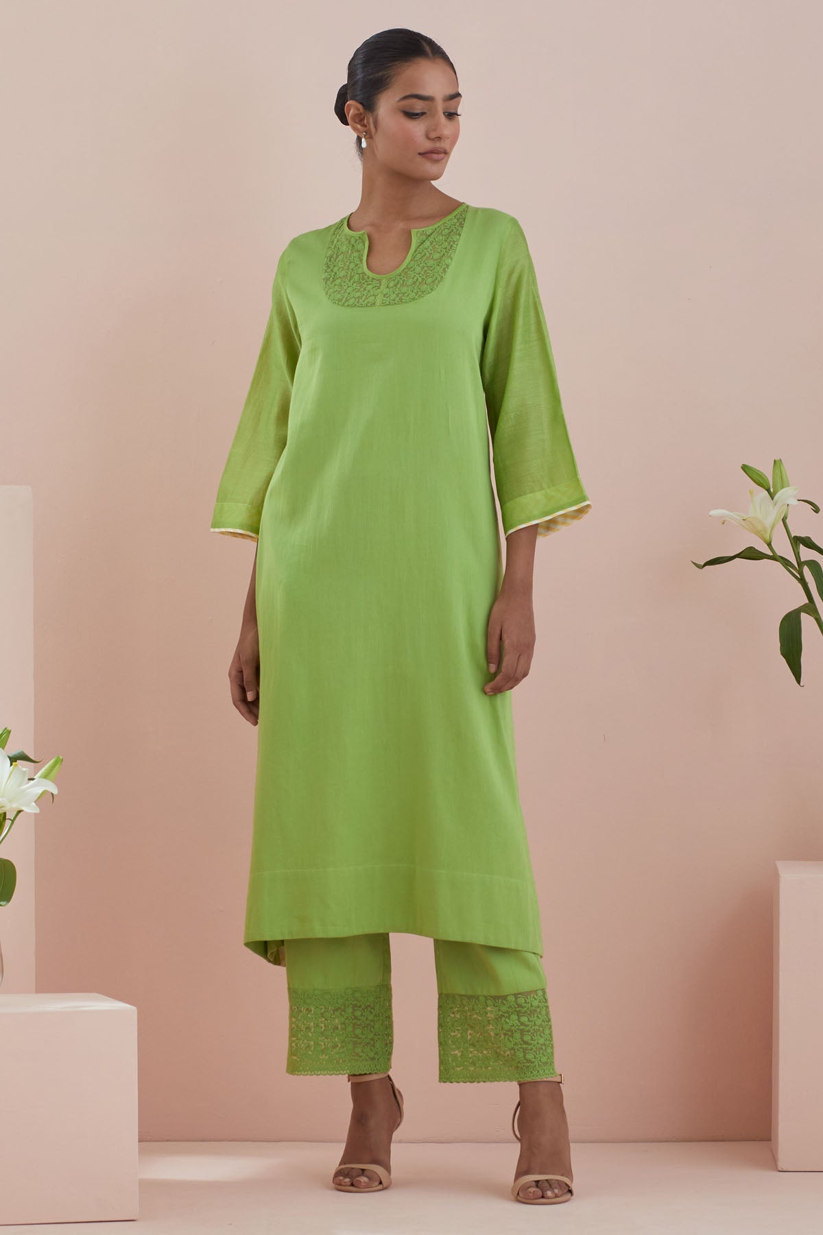 Vinusto Cotton Green Lace Kurta & Pants for women online at ScrollnShops