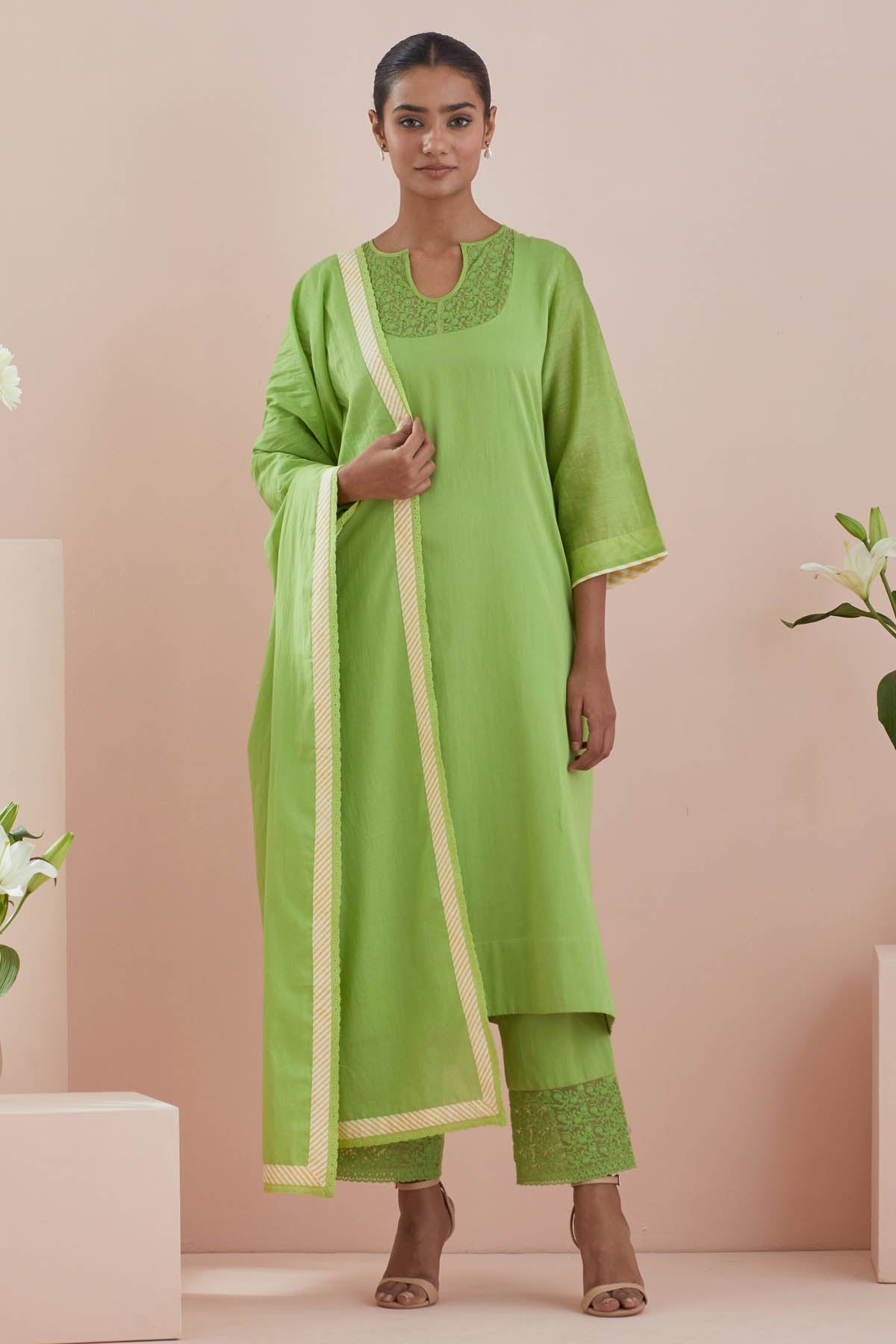 Vinusto Cotton Green Lace Kurta Set for women online at ScrollnShops