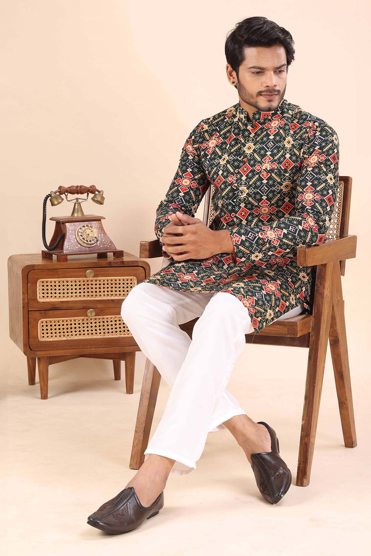 Cotton Green Print Collar Kurta
