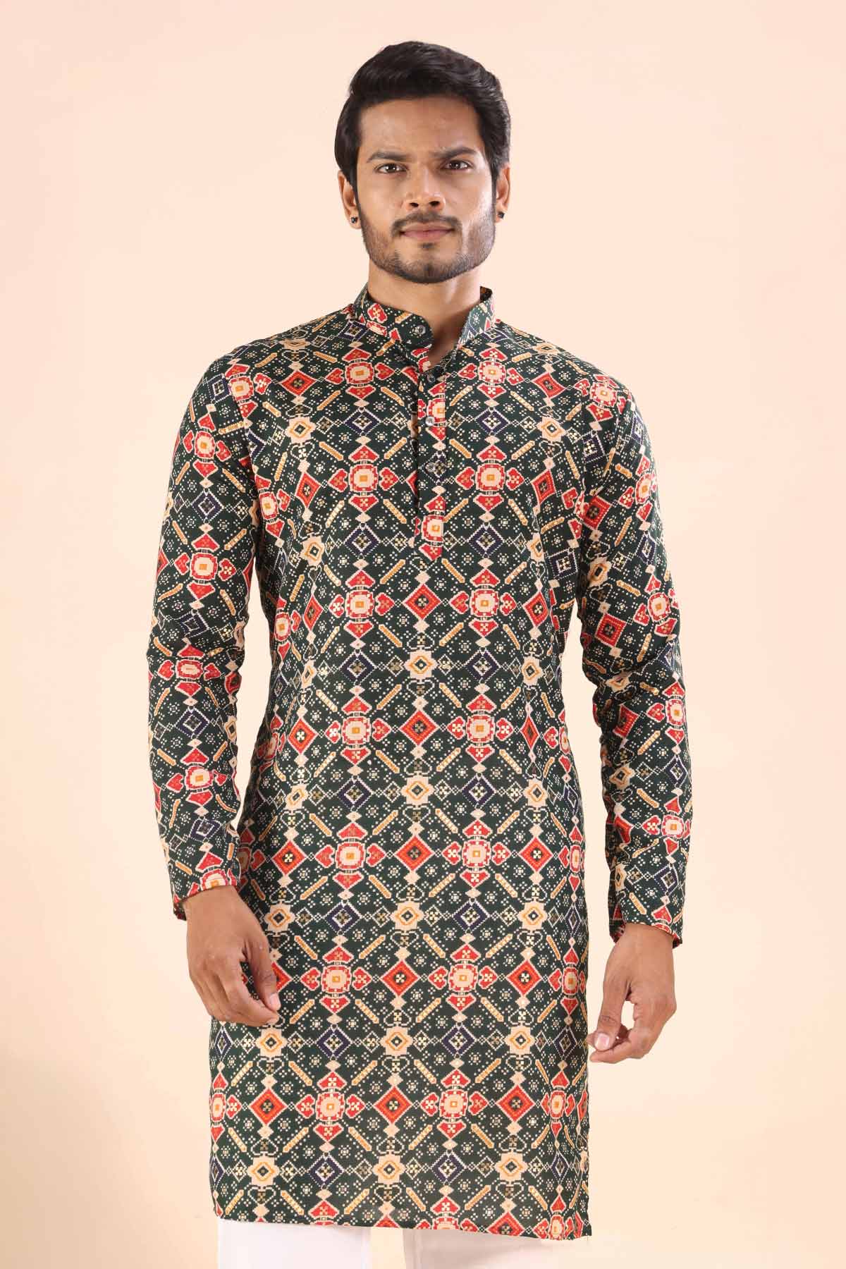 Buy Cotton Green Print Collar Kurta for men by Aastha Fashion online available at scrollnshops