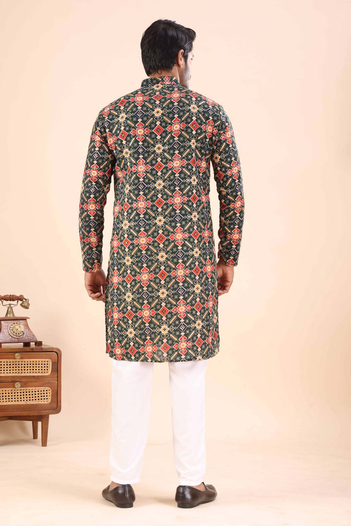 Cotton Green Print Collar Kurta