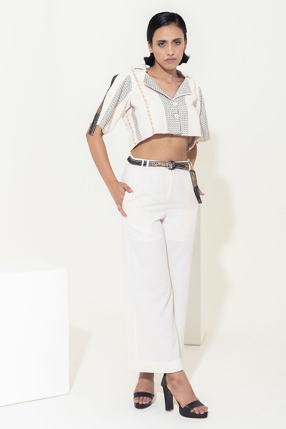 Designer Kusmi Sparkling Statement: Ivory Cropped Jacket for Nighttime Shine For Women at ScrollnShops