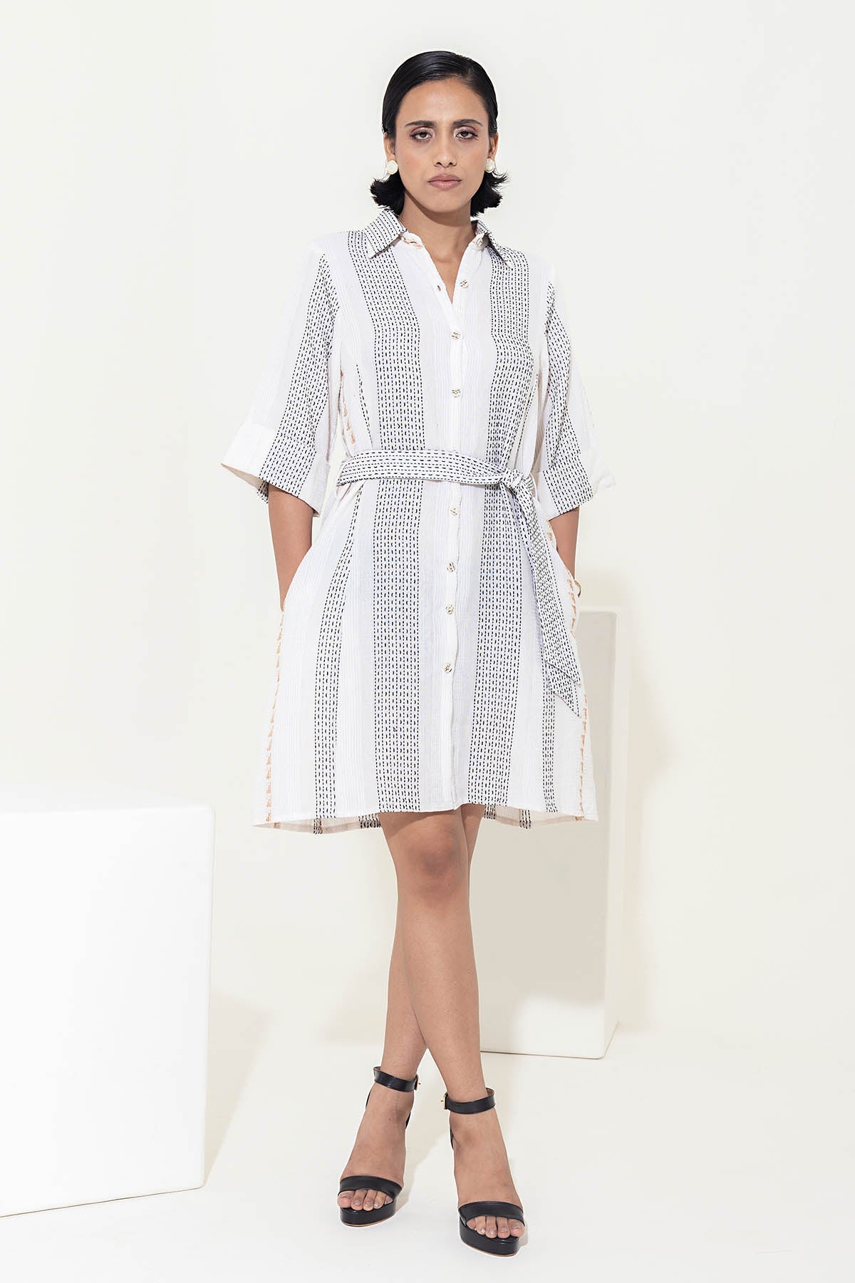 Designer Kusmi Handwoven Ivory Cotton Shirt Dress For Women at ScrollnShops