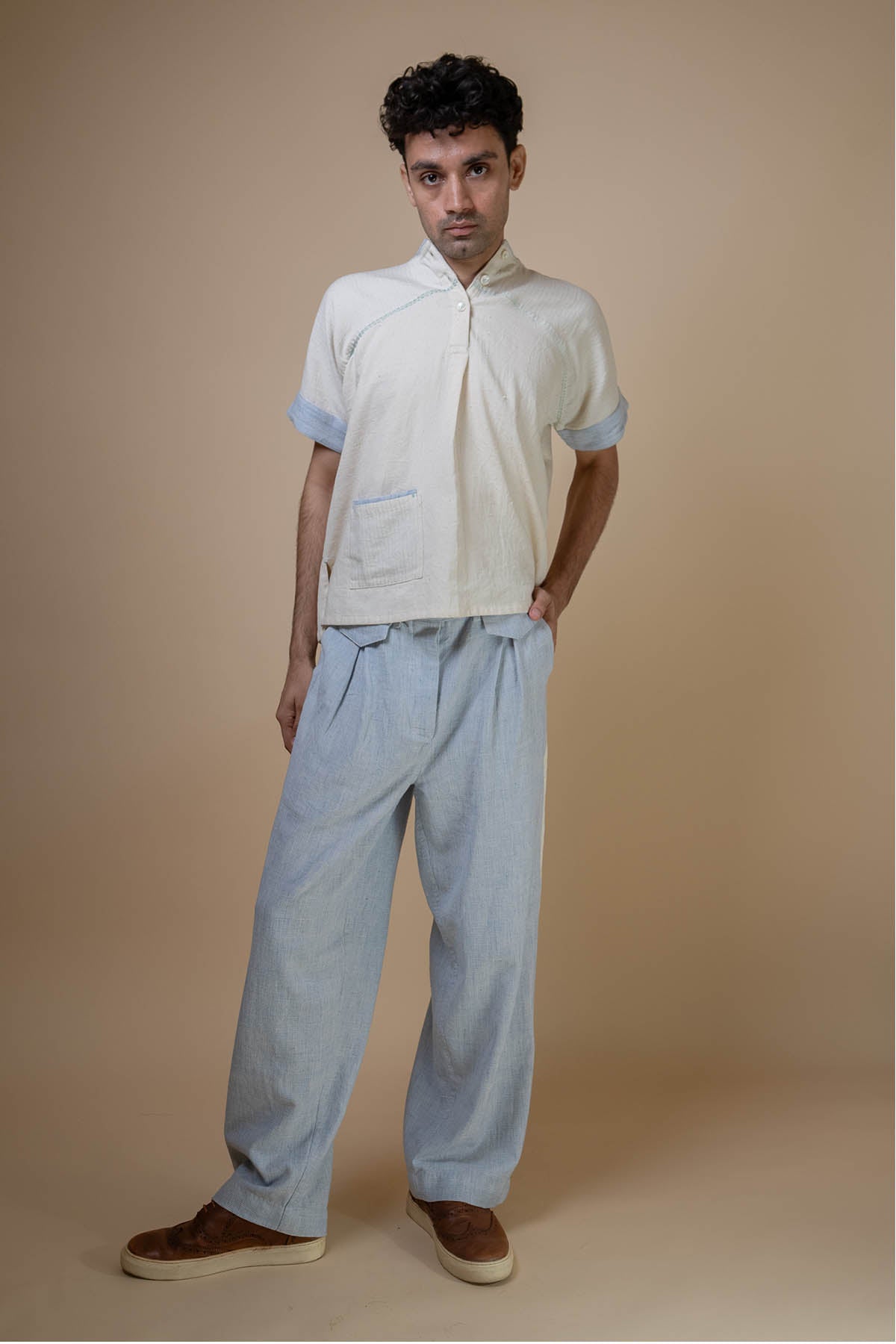 Cotton Light Blue Pleated Pants