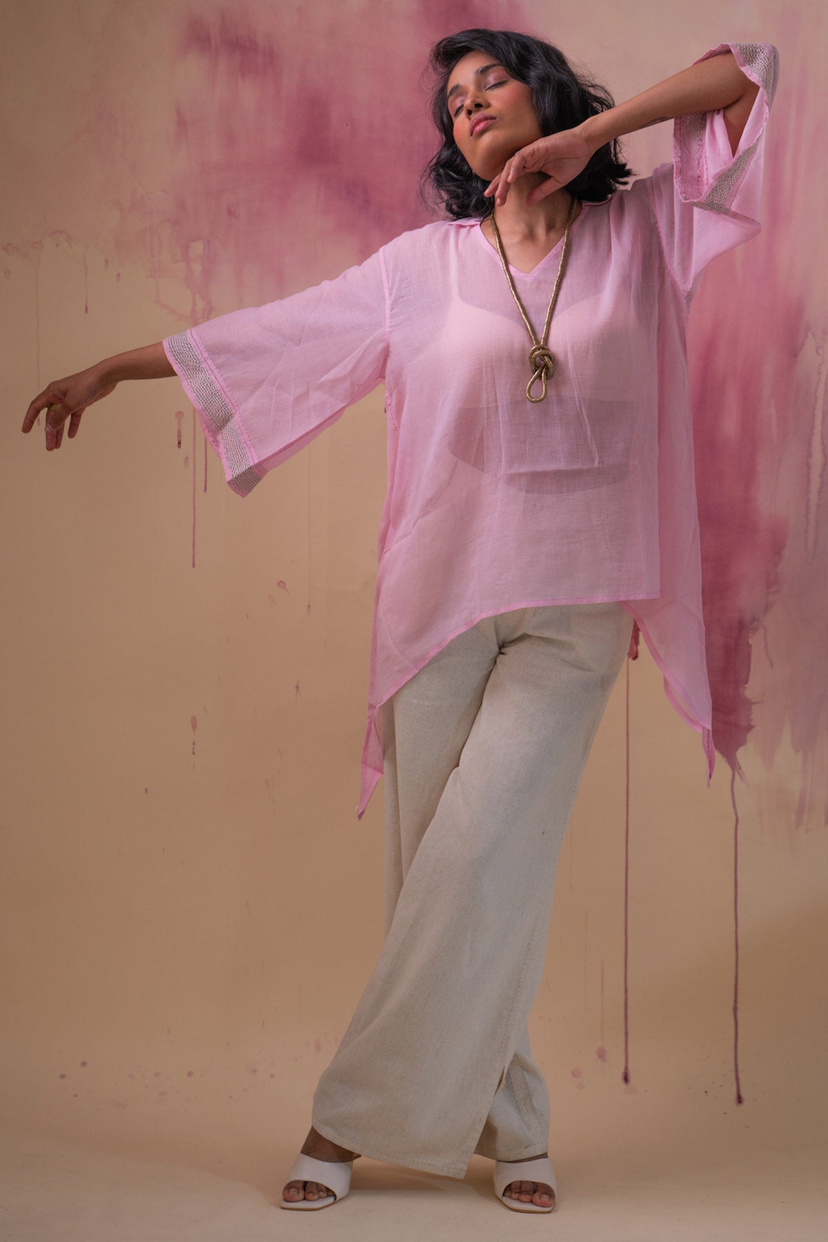 Buy Designer Cotton Light Pink Asymmetric Top By Lafaani