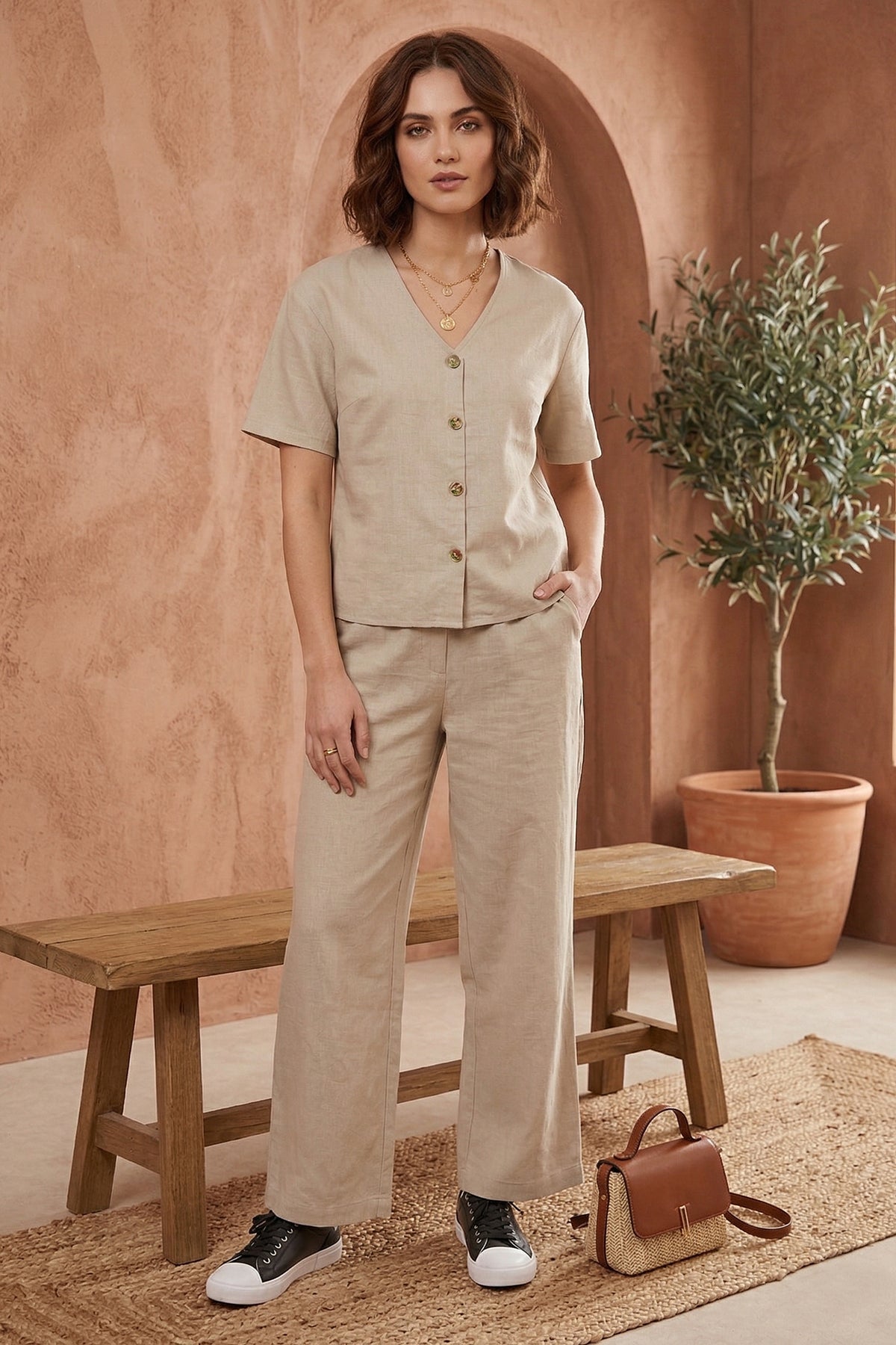 Buy Cotton Linen Beige Ankle Pant for women by Sneha B online available at scrollnshops
