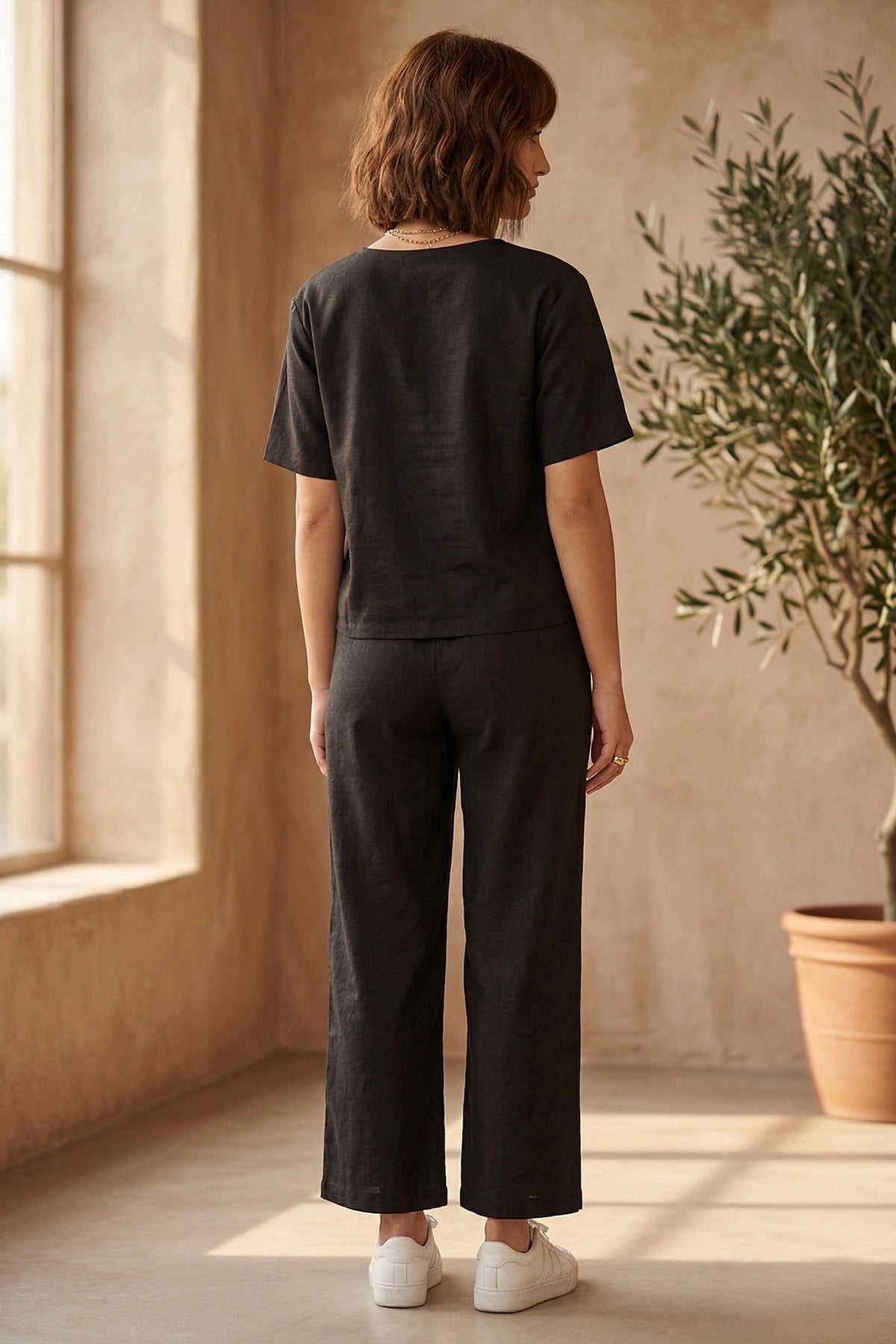 Cotton Linen Black Ankle Pant