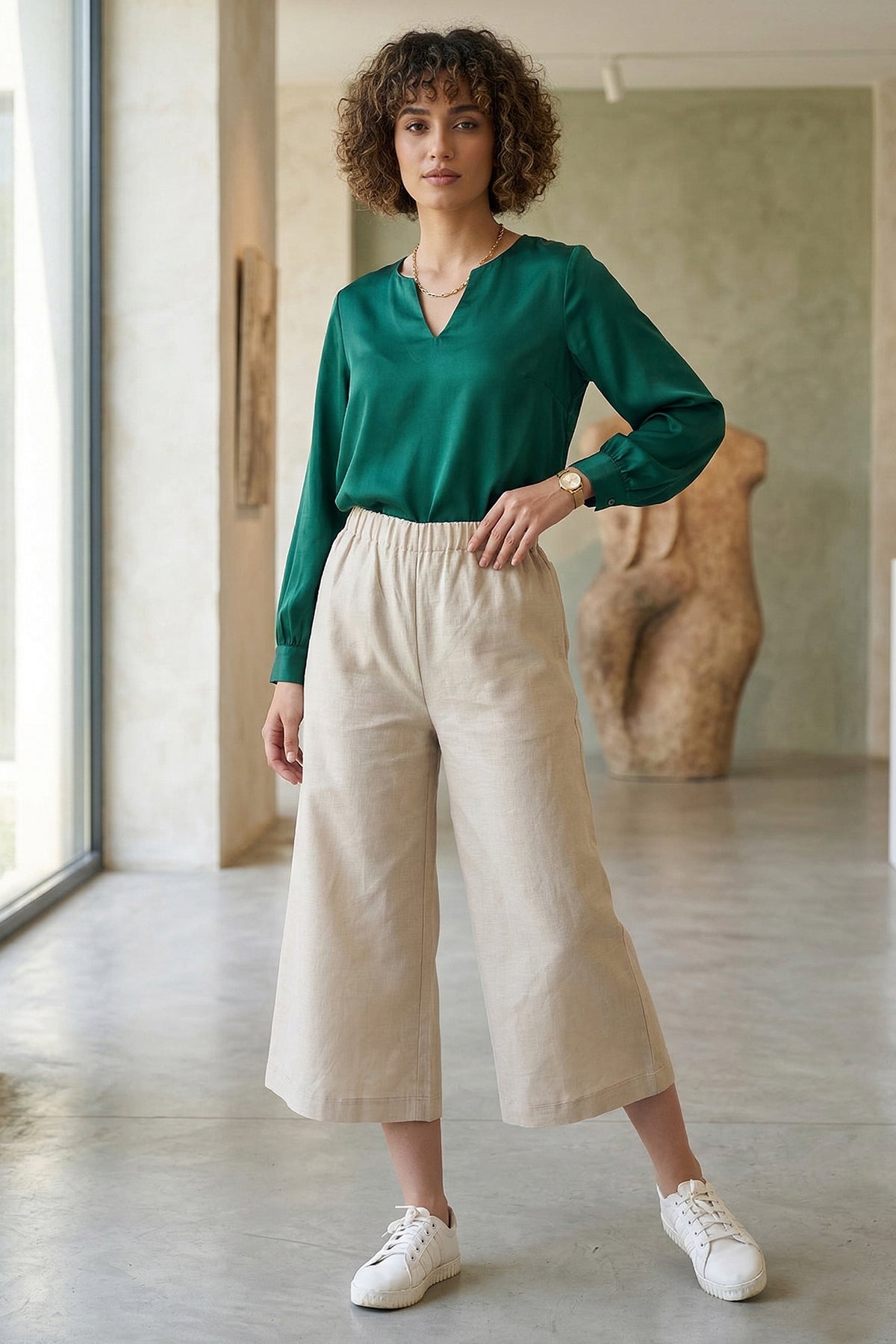 Buy Cotton Linen Flare Beige Pant for women by Sneha B online available at scrollnshops