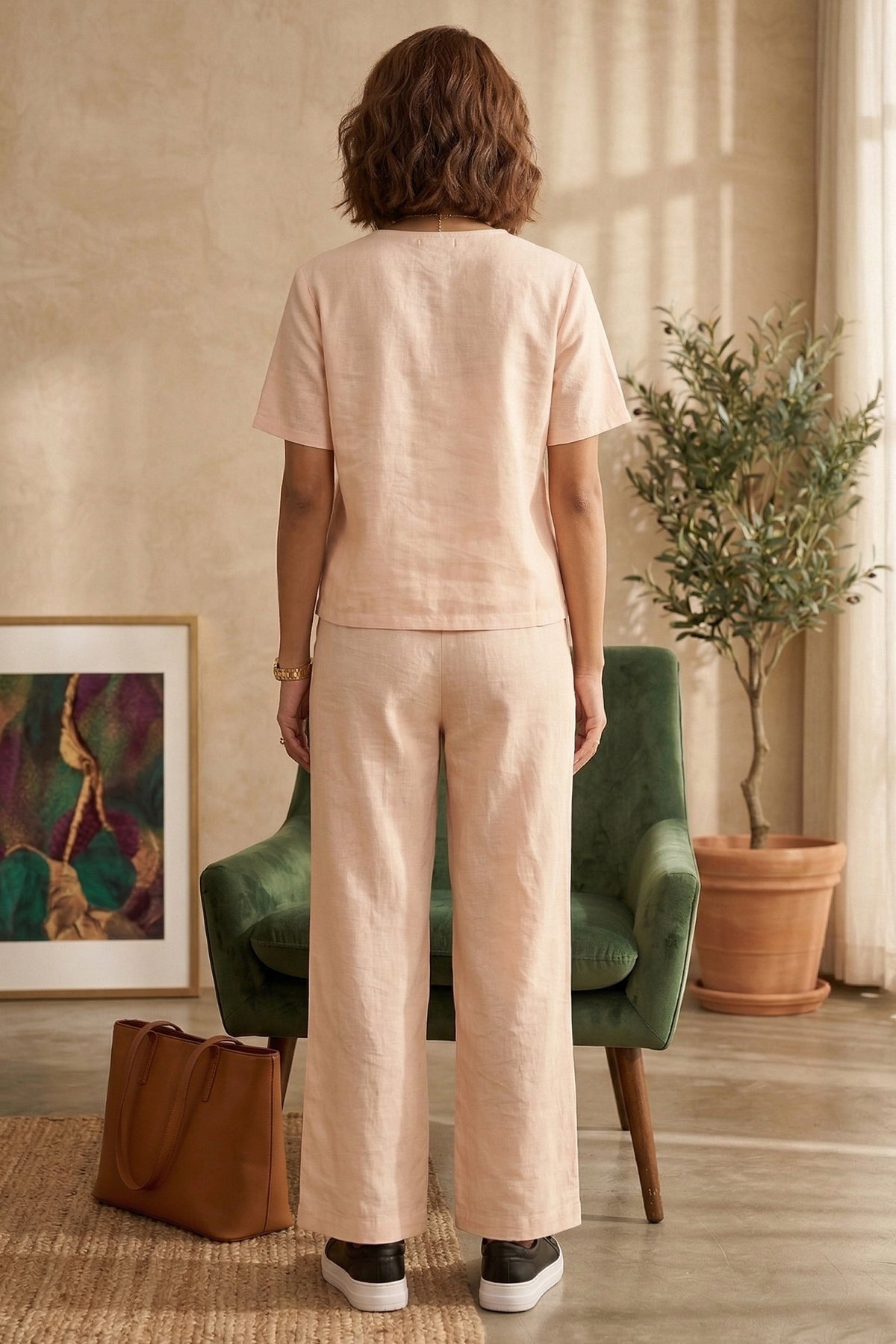 Cotton Linen Peach Ankle Pant