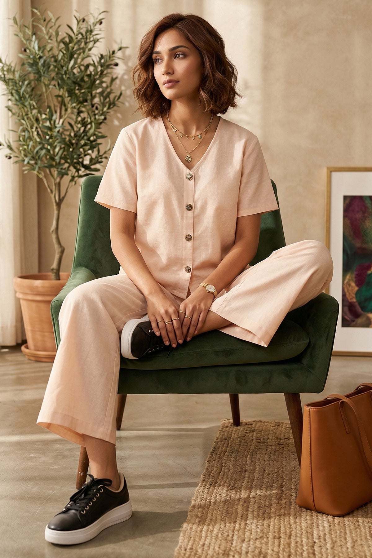 Cotton Linen Peach Ankle Pant