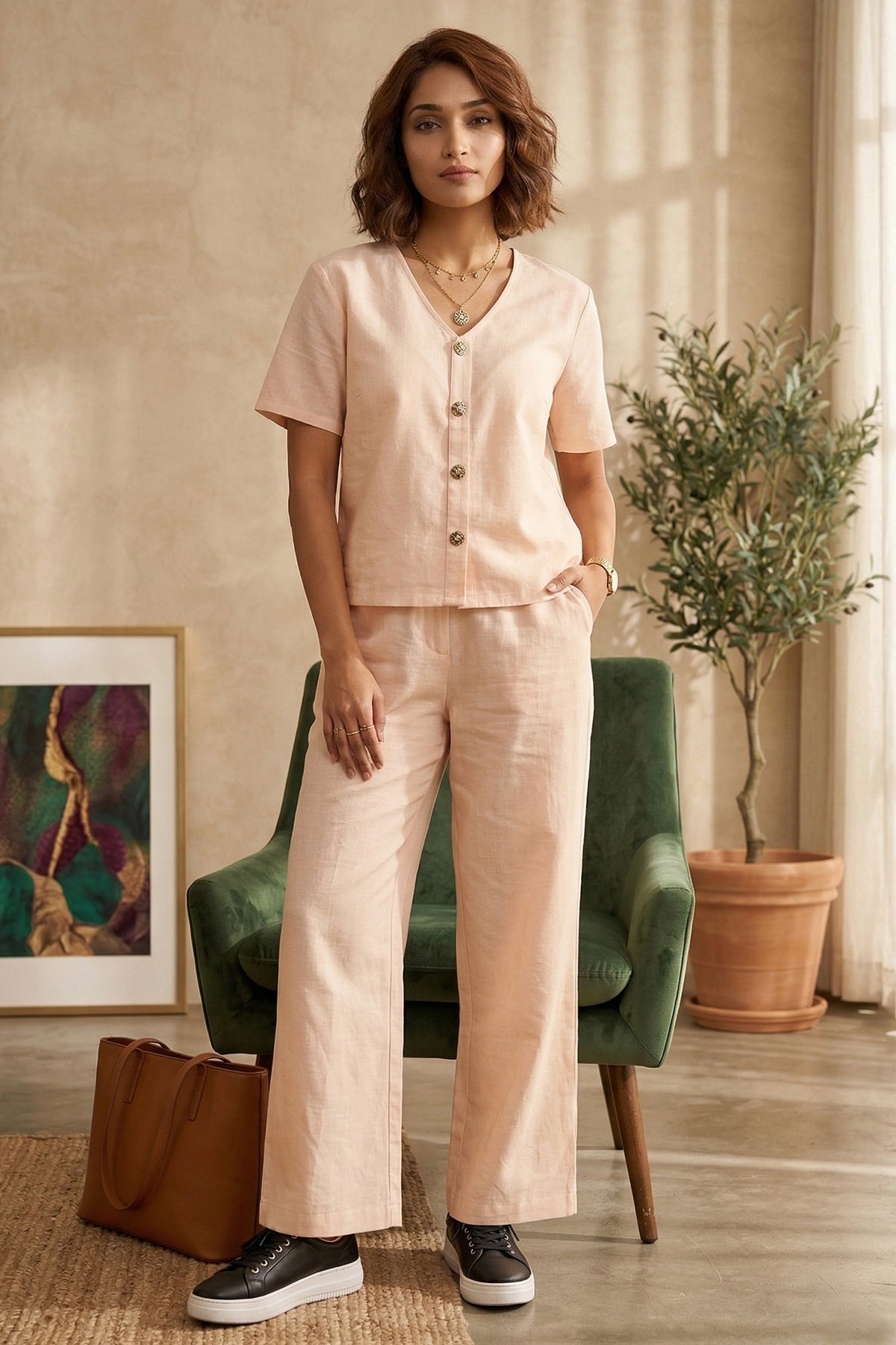 Buy Cotton Linen Peach Ankle Pant for women by Sneha B online available at scrollnshops