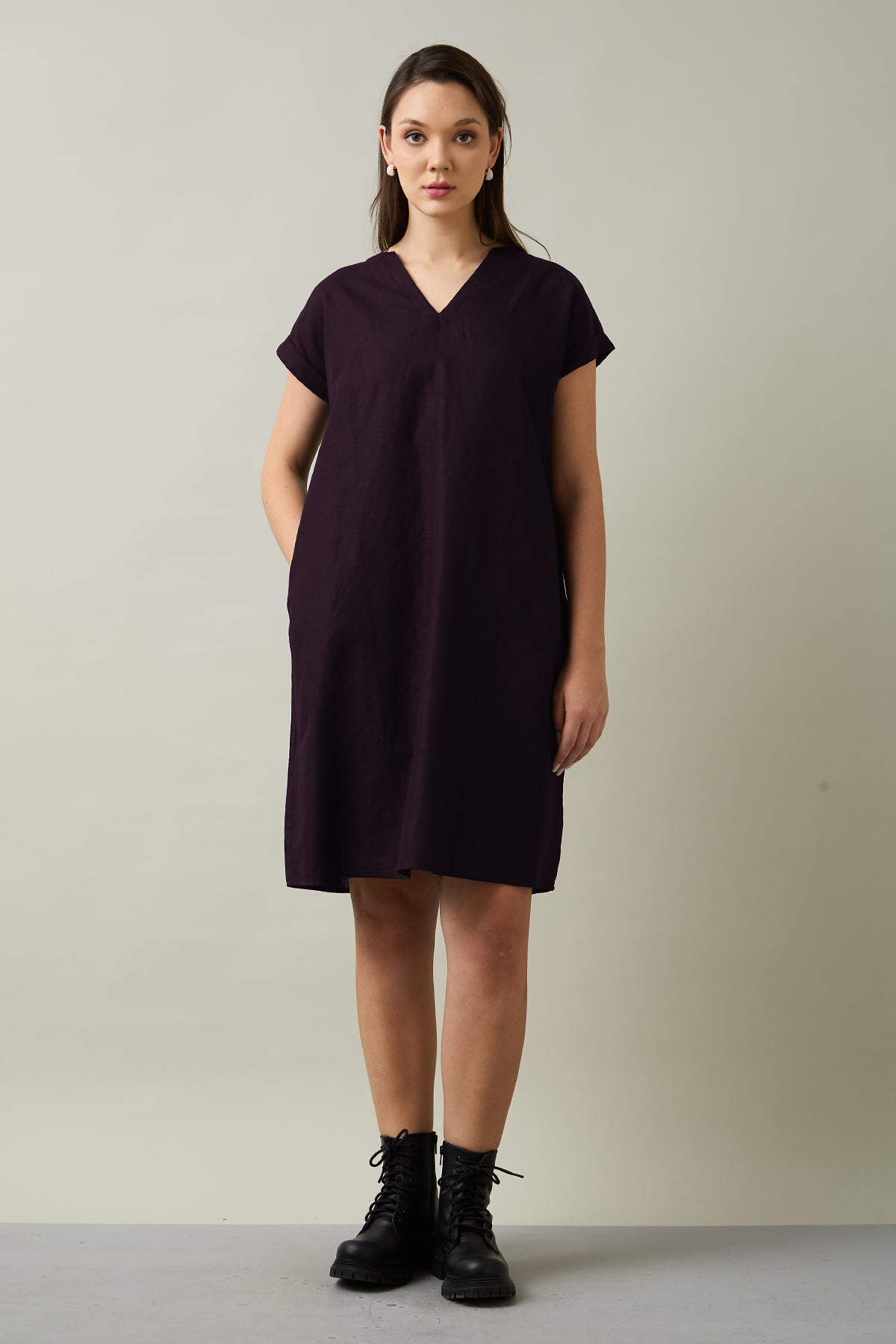 Buy Cotton Linen Plum Mini Dress online at scrollnshops