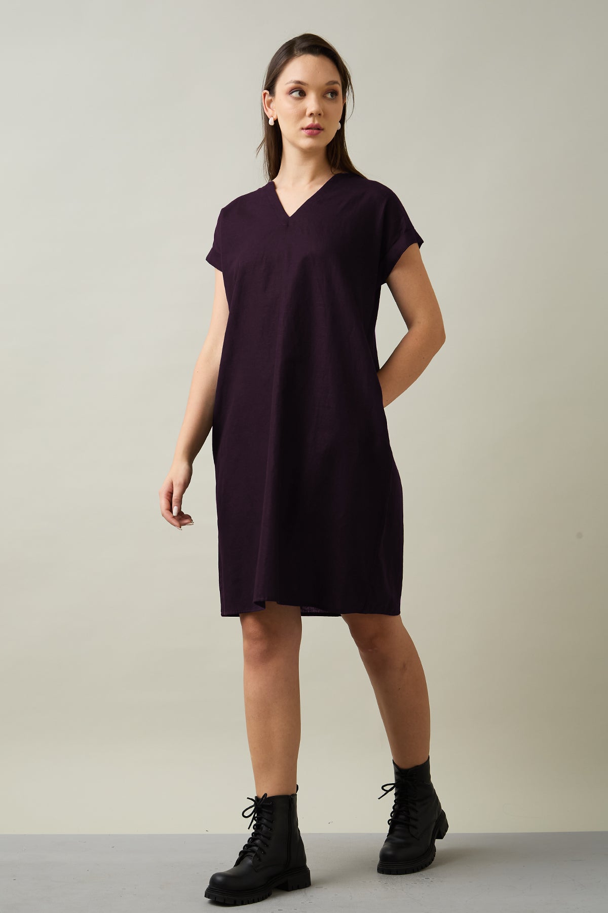 Buy Cotton Linen Plum Mini Dress online at scrollnshops