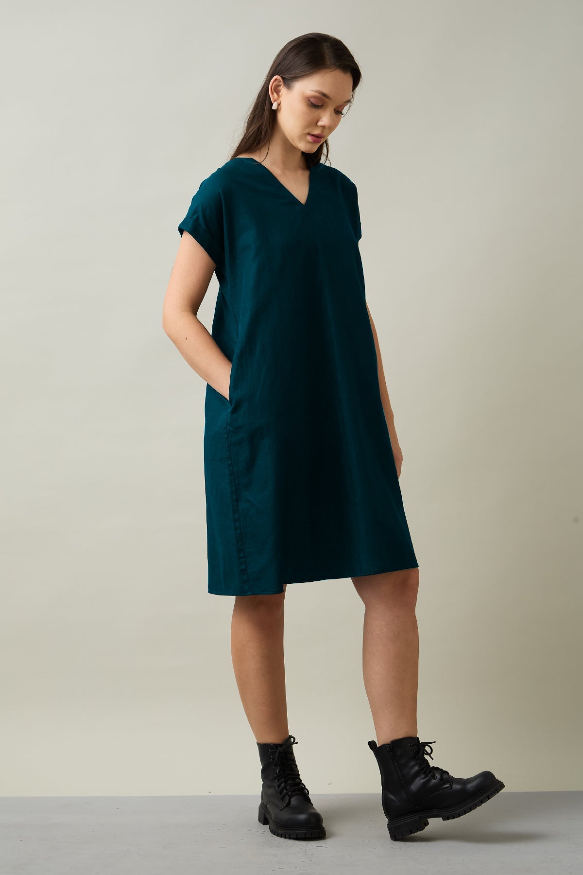 Buy Cotton Linen Teal Mini Dress for Women by SNEHA B Designer online available at scrollnshops