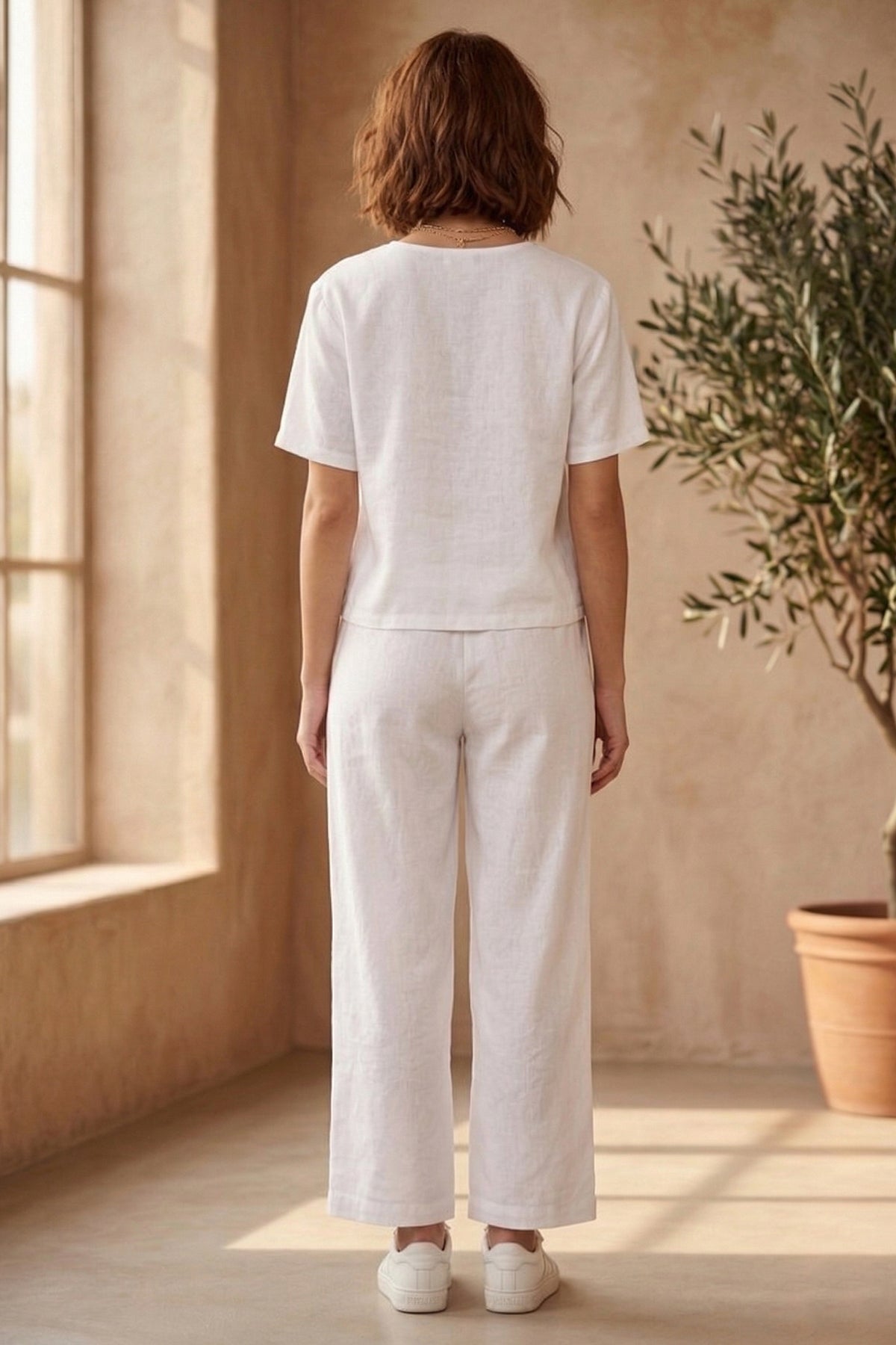 Cotton Linen White Ankle Pant