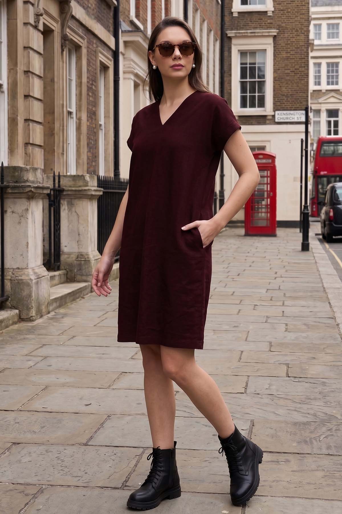 Mini Cotton Linen Wine Dress