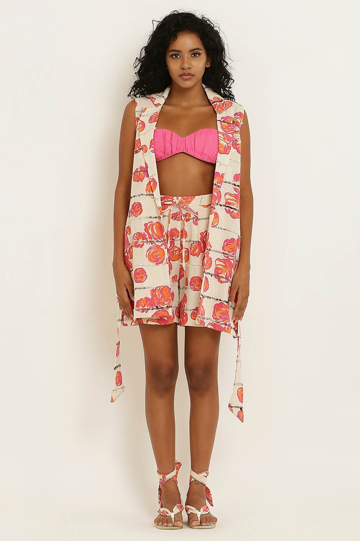 Designer Kusmi Beachy Bliss: Pink Rose Print Shorts For Women at ScrollnShops