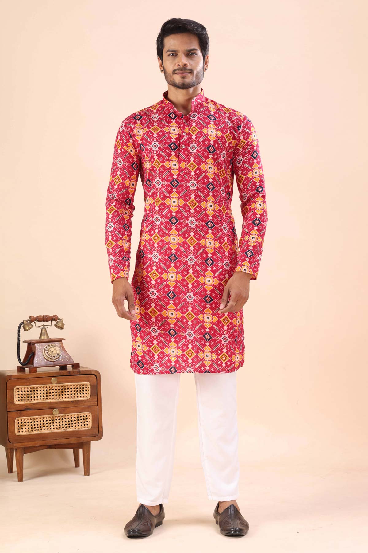 Cotton Rani Print Collar Kurta