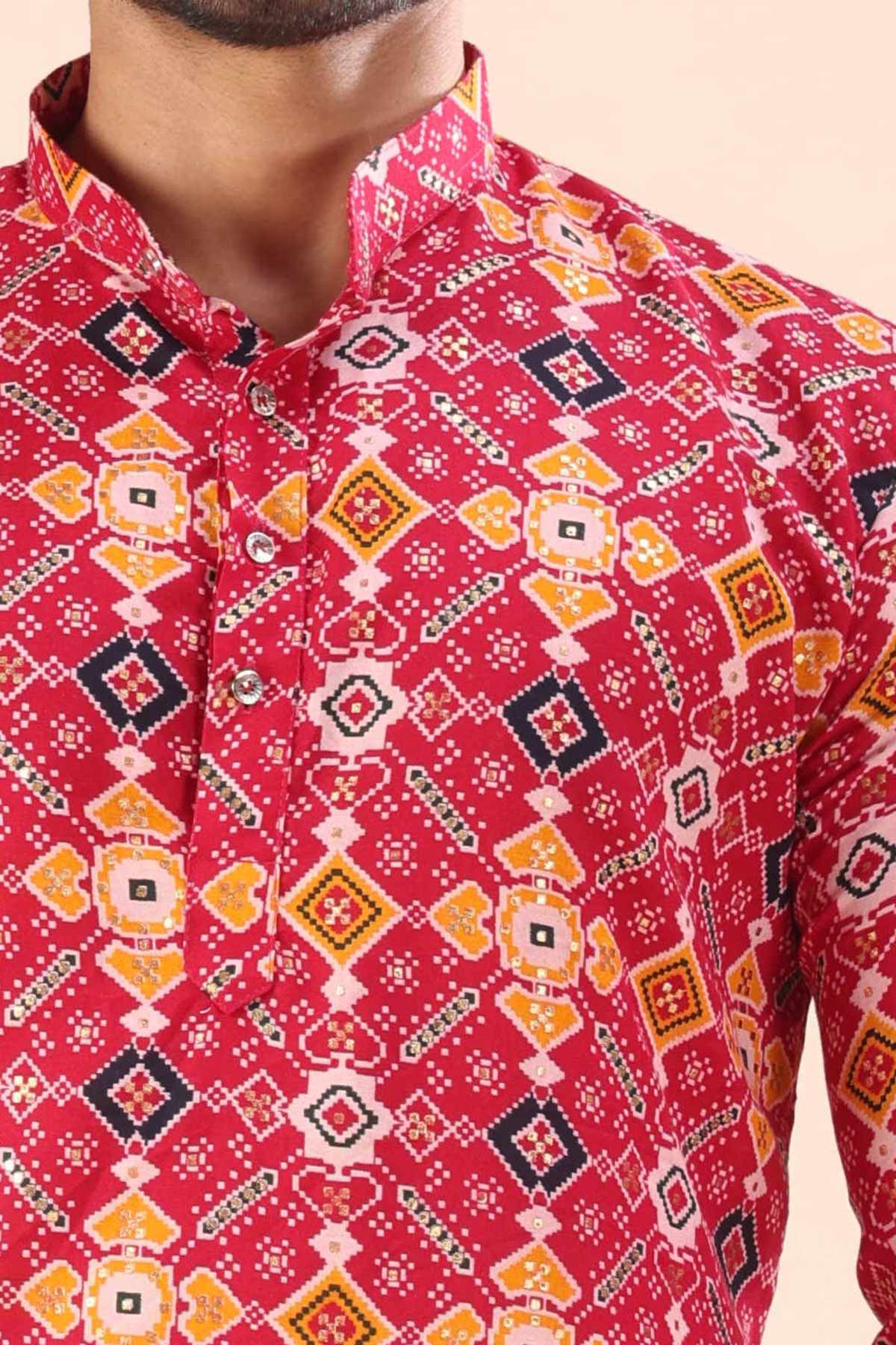 Cotton Rani Print Collar Kurta