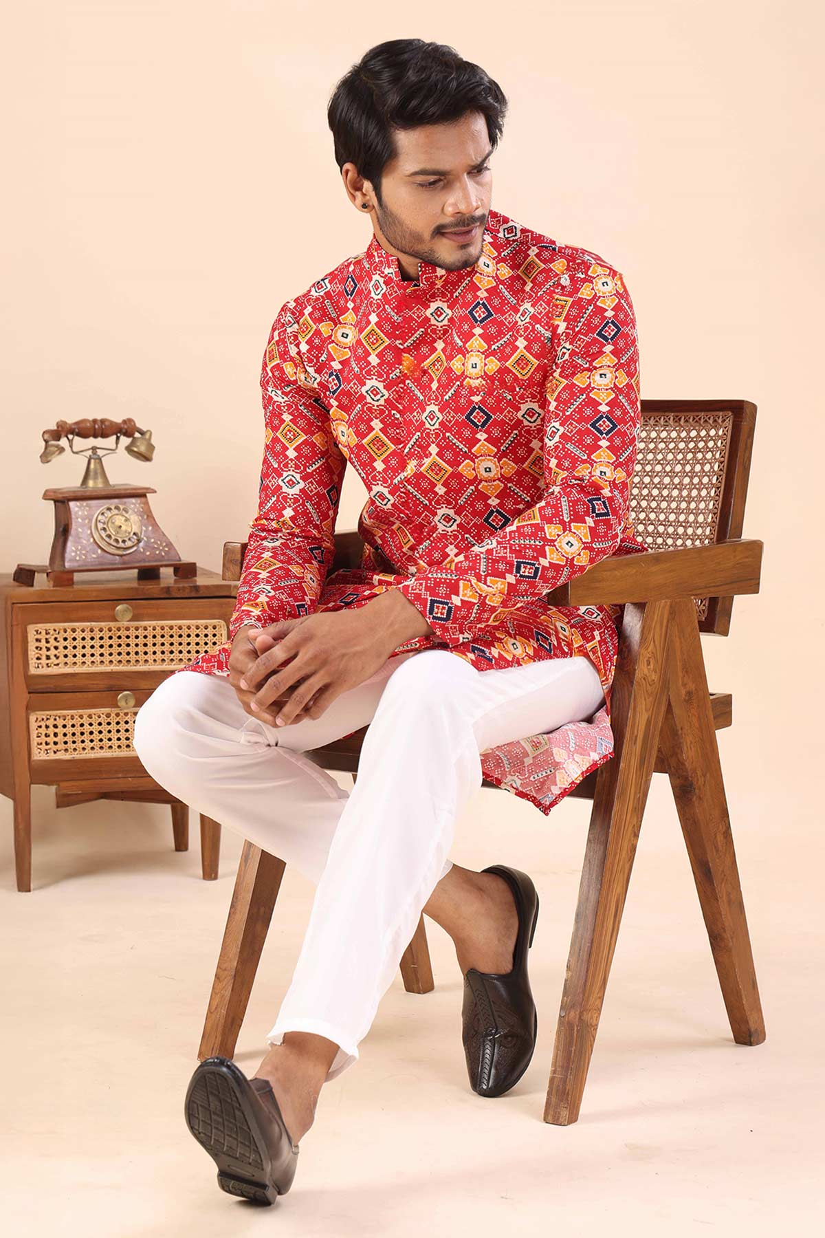 Cotton Red Print Collar Kurta