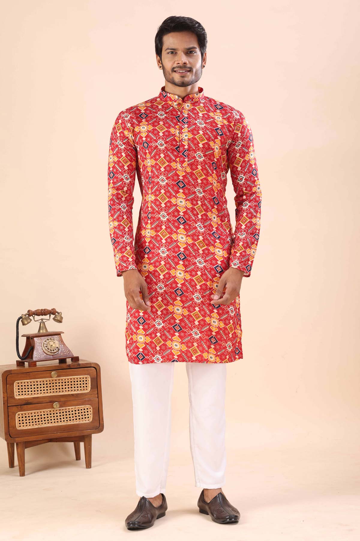 Cotton Red Print Collar Kurta