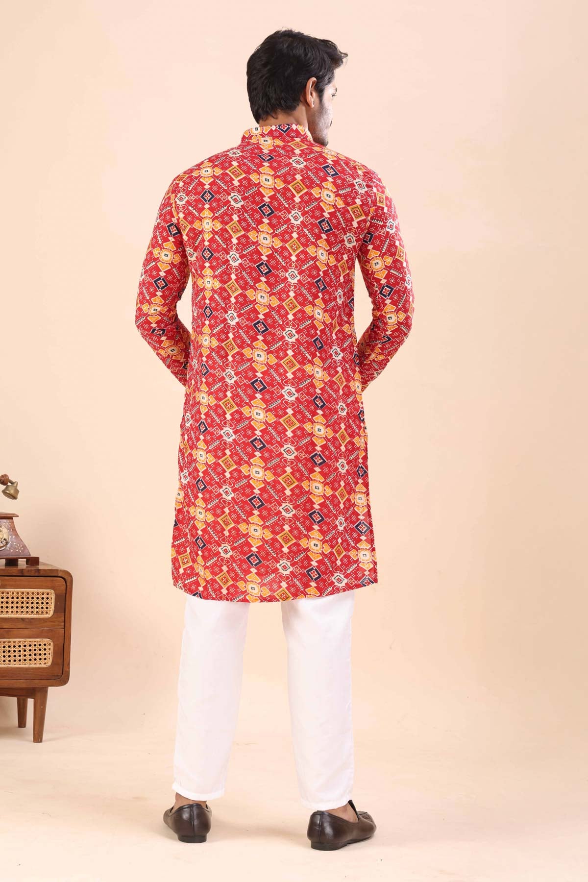 Cotton Red Print Collar Kurta
