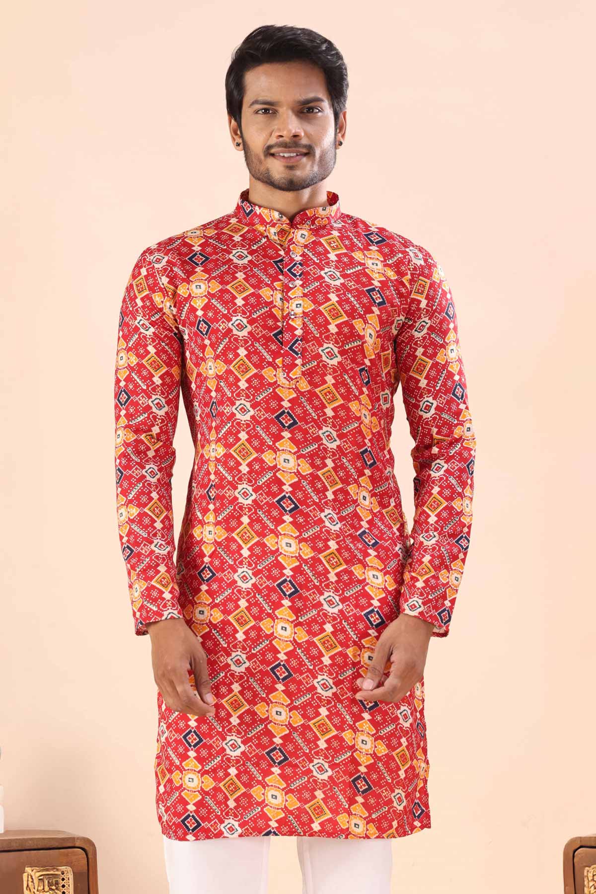 Buy Cotton Red Print Collar Kurta for men by Aastha Fashion online available at scrollnshops