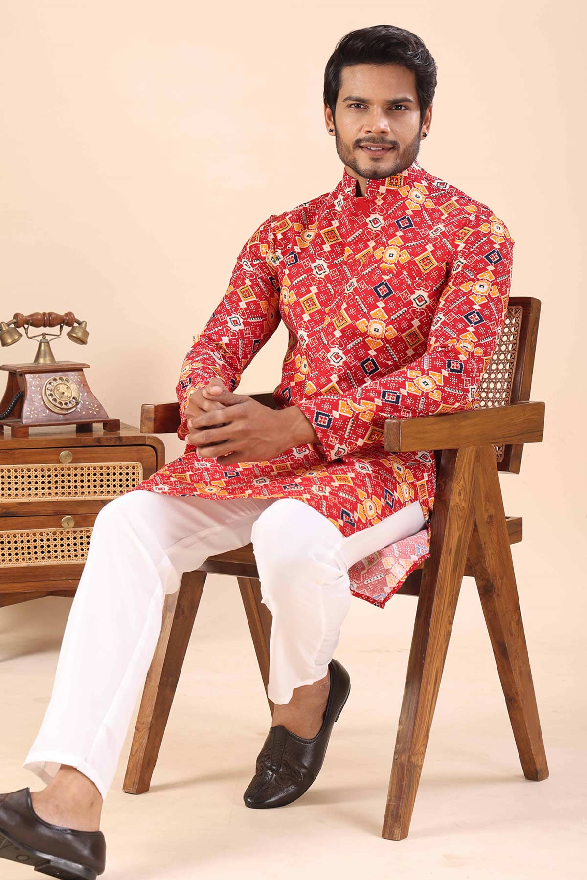 Cotton Red Print Collar Kurta