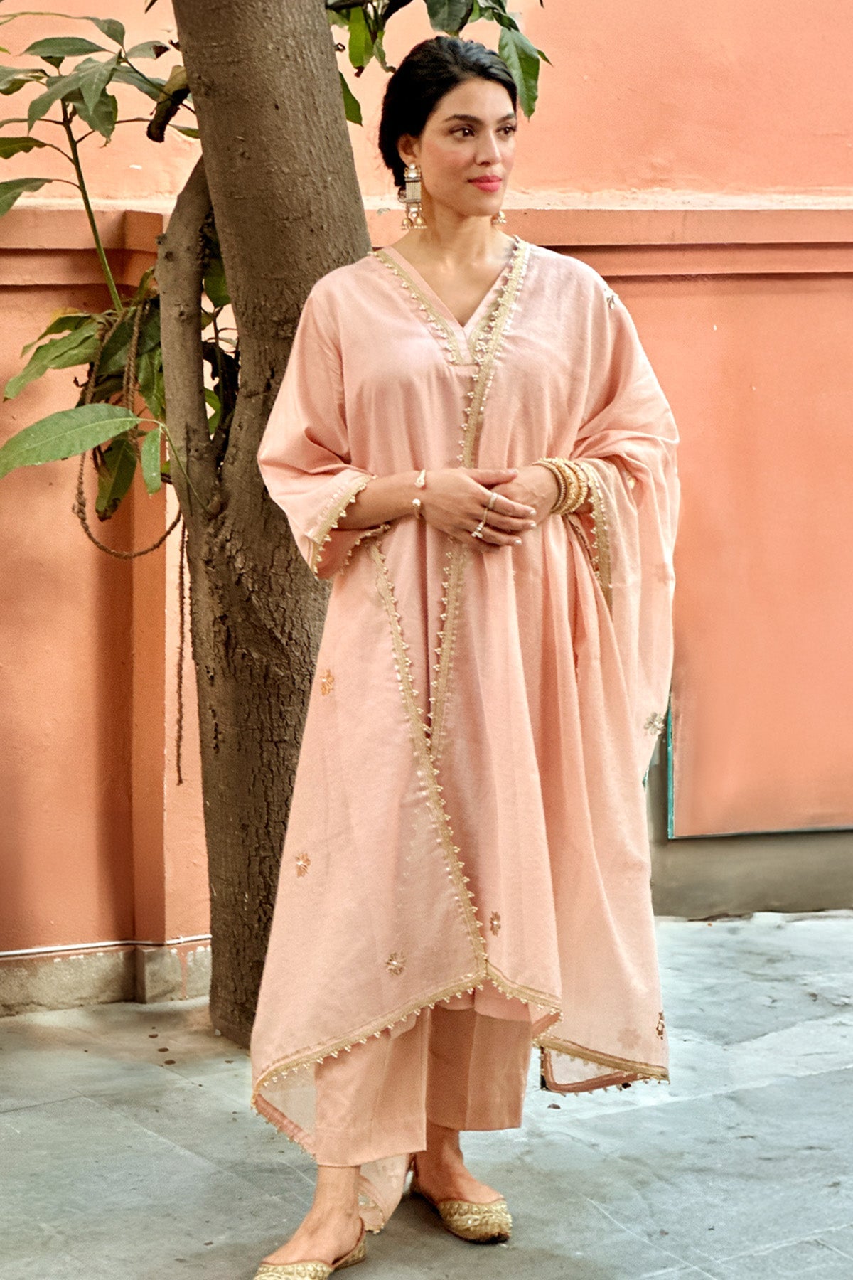 Buy Cotton Satin Peach Kurta Set for women by The Hemming Bird online available at scrollnshops