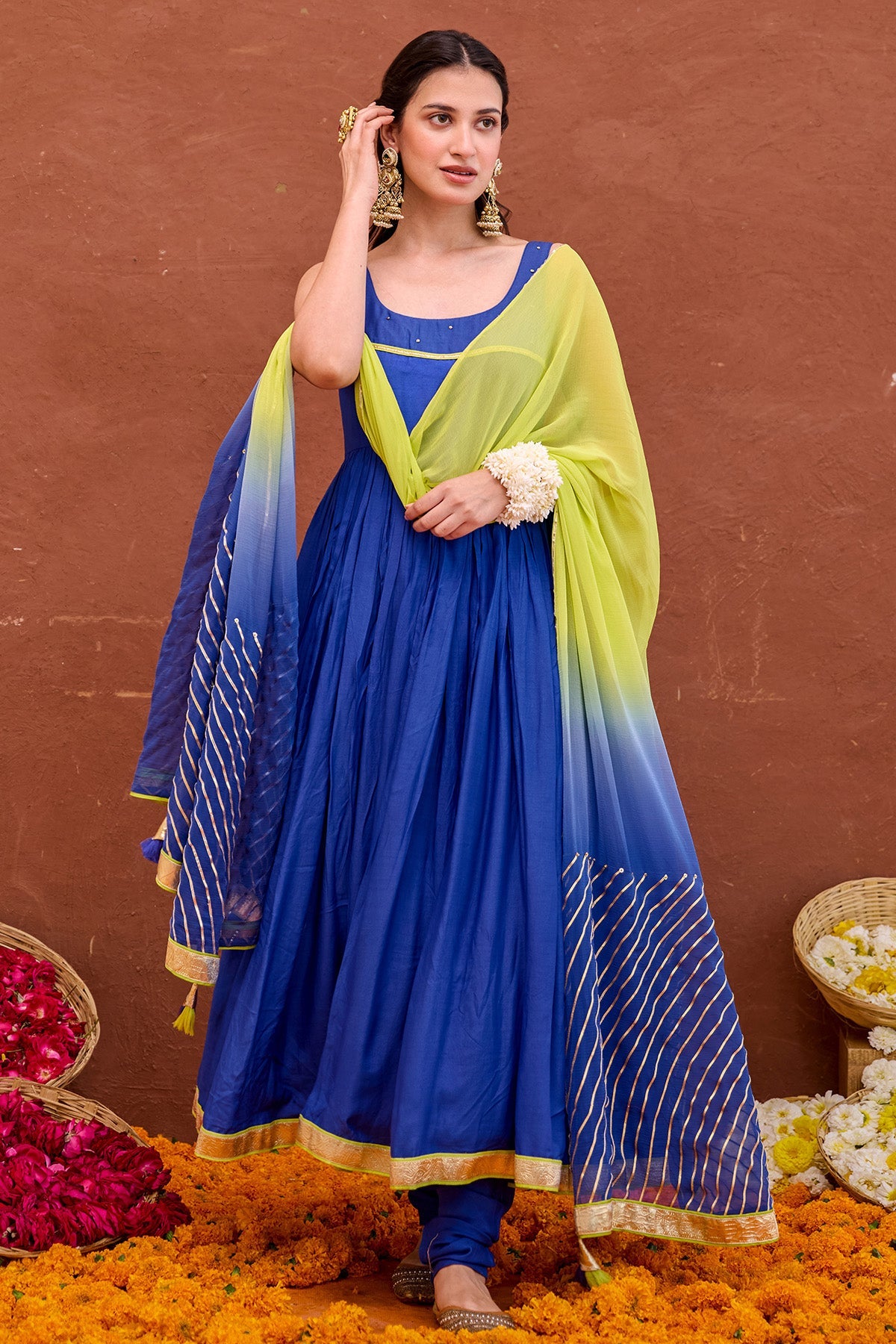 Buy Cotton Silk Blue Anarkali Set for women by Taro India online available at scrollnshops